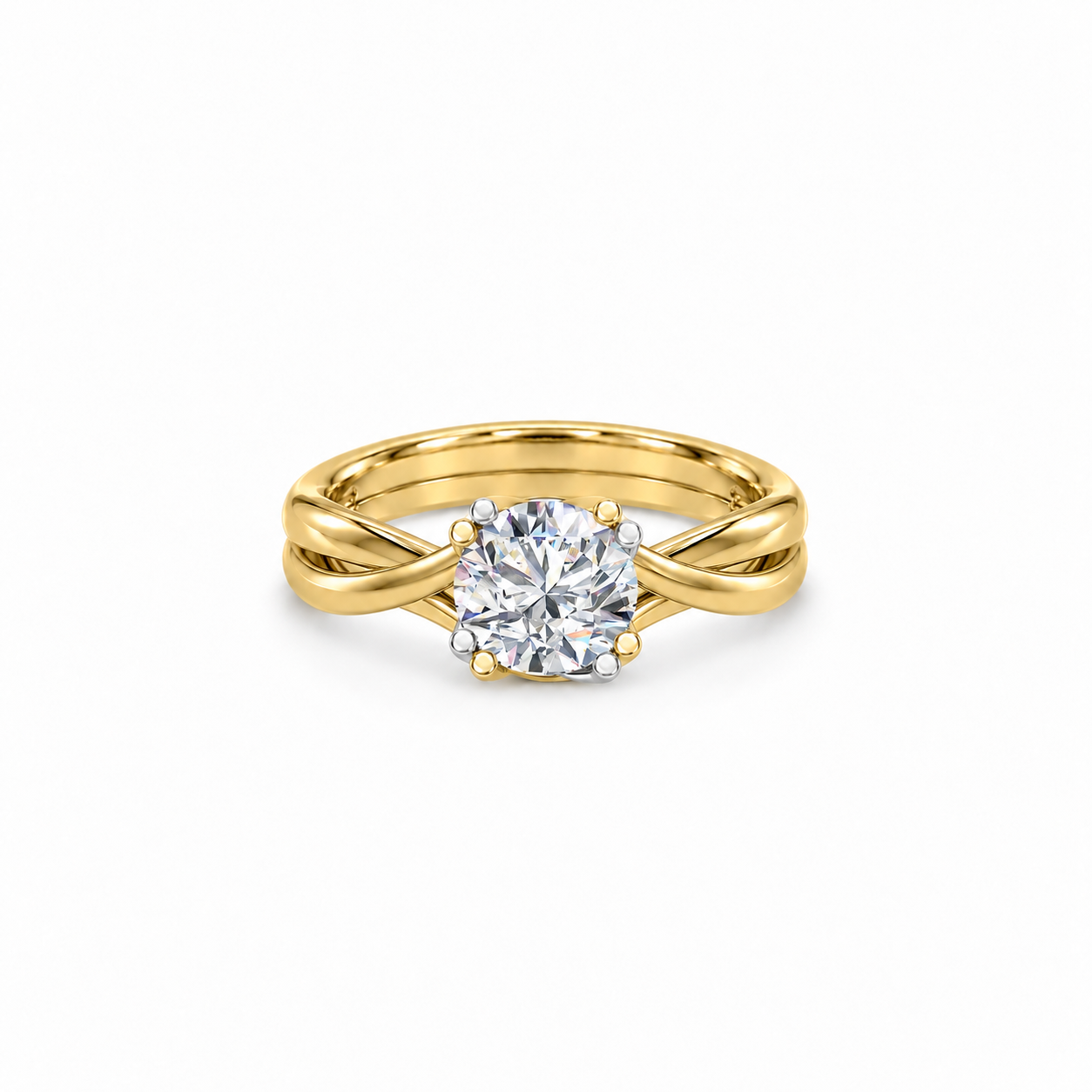 Confluence Solitaire Ring in yellow gold, flat view showing interlaced bands and paired prongs