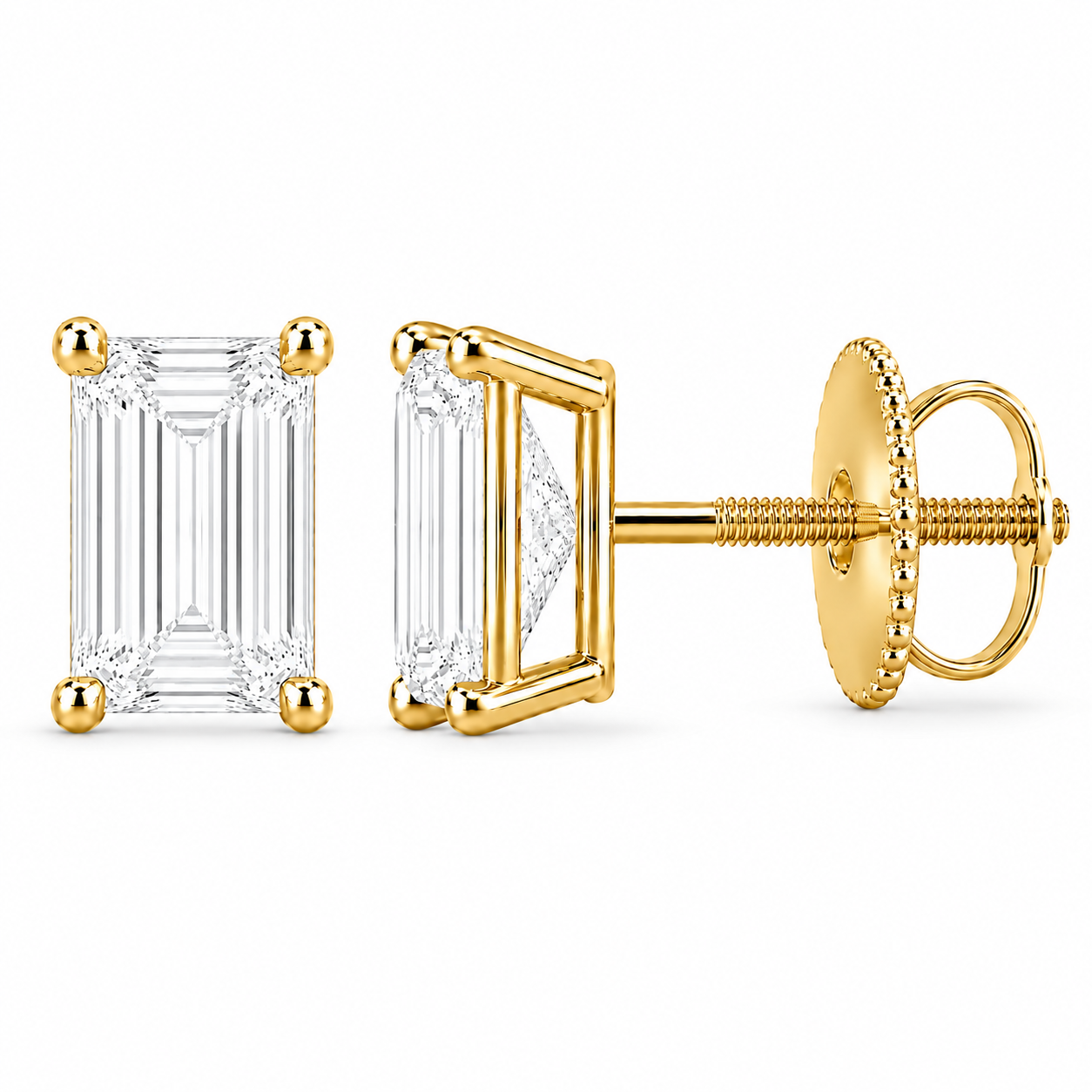 Cadence Emerald-Cut Studs in yellow gold, default front and side views with the closure