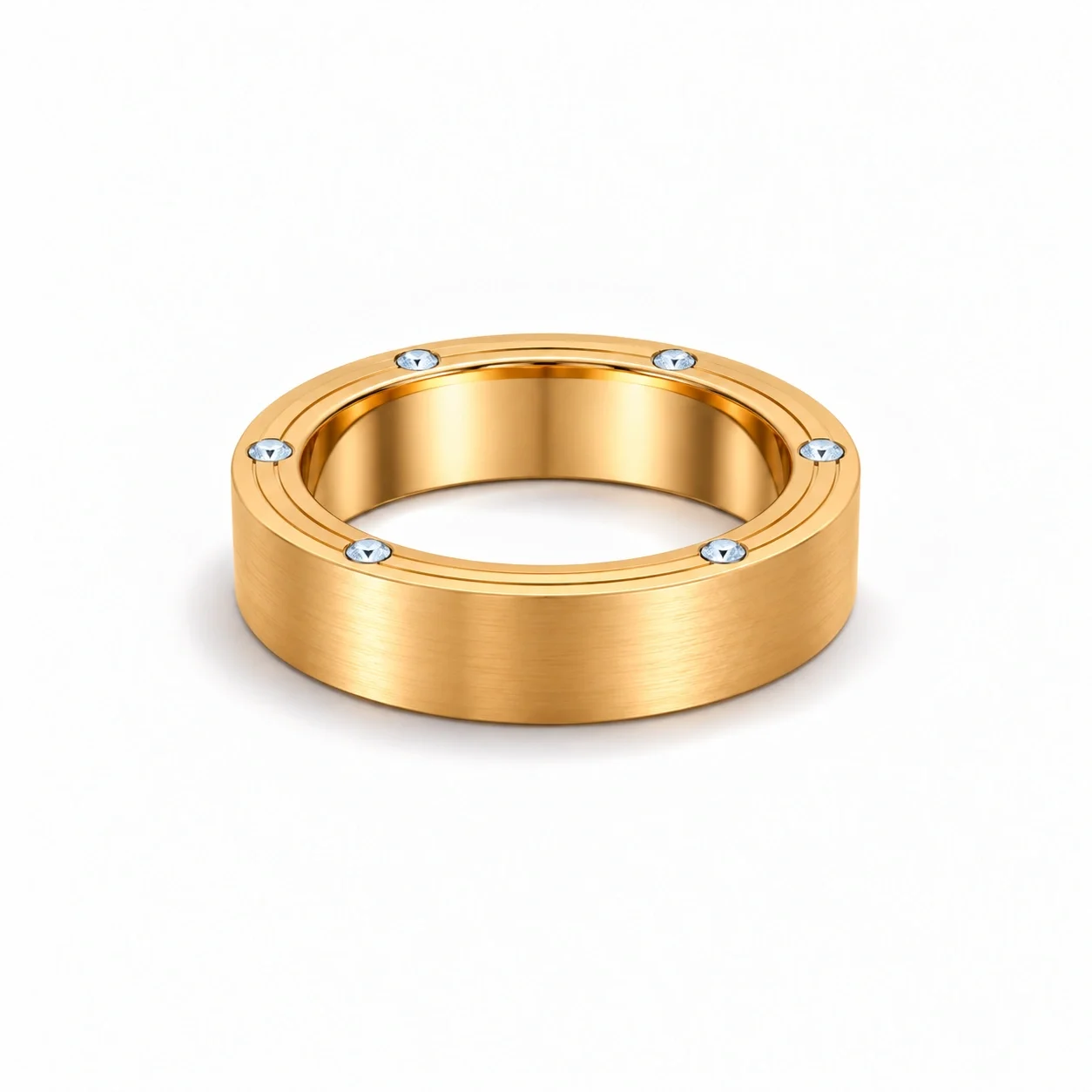 Meridian Diamond Band in yellow gold, flat view with brushed finish, polished interior and six flush-set diamonds