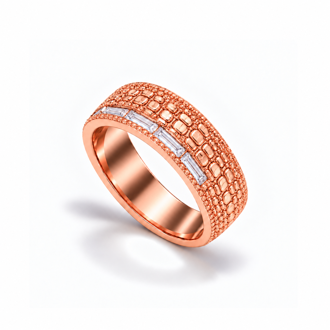 Gator Gold Band in rose gold with clear baguette stones, upright three-quarter view