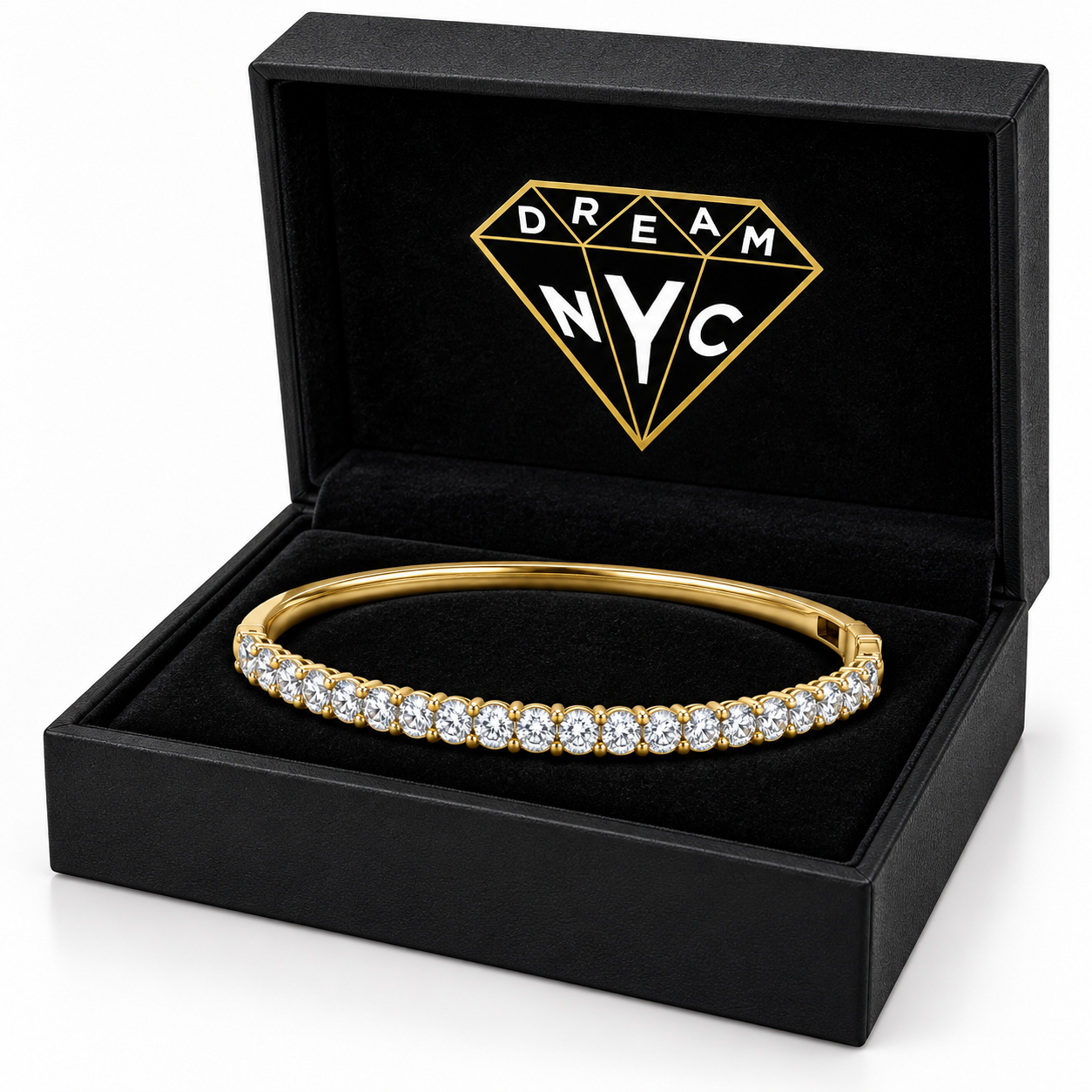 Lumière Diamond Bangle in a black DREAM NYC jewelry box with black lining and the diamond logo, packaging concept