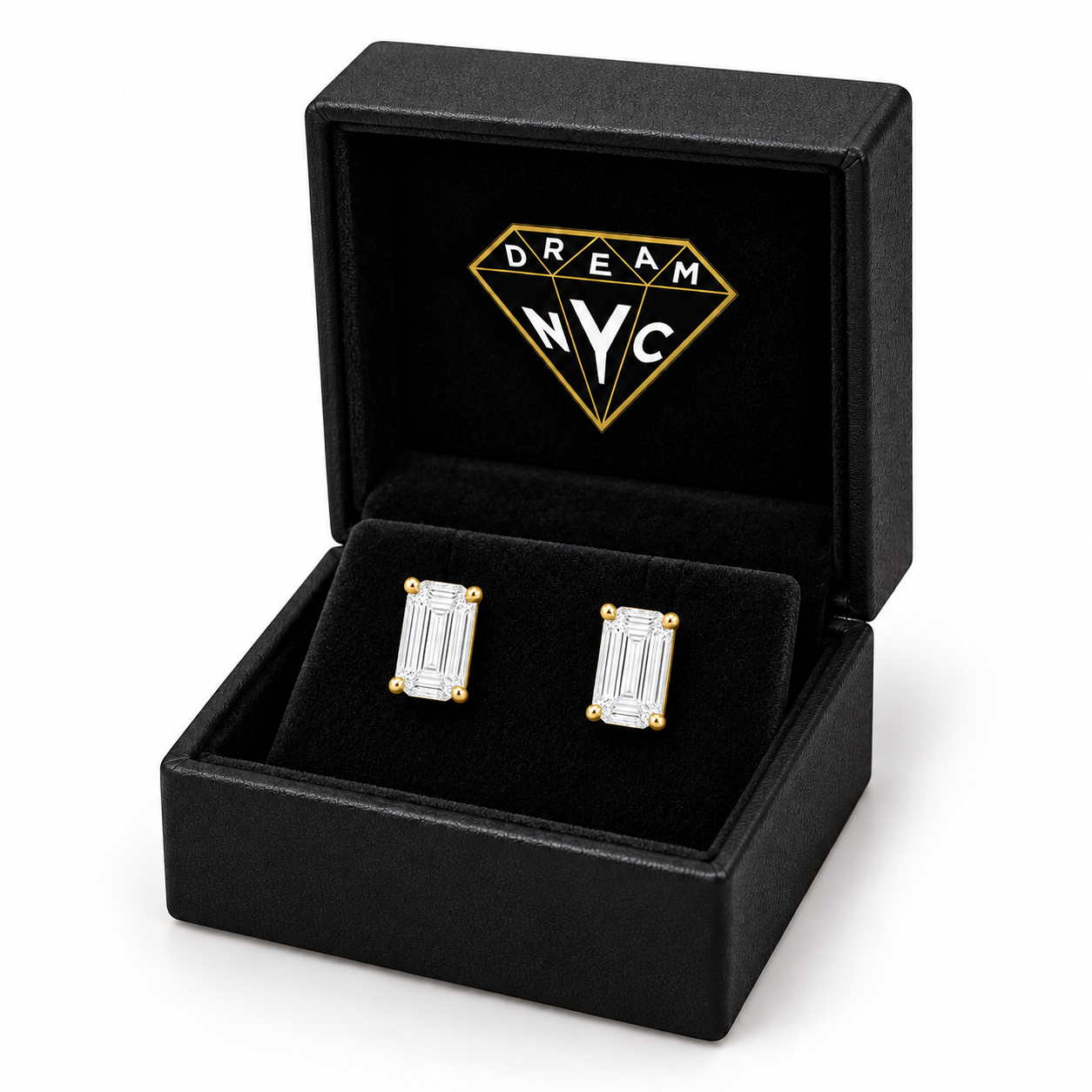 Cadence Emerald-Cut Studs in a black DREAM NYC jewelry box with the diamond logo, packaging concept