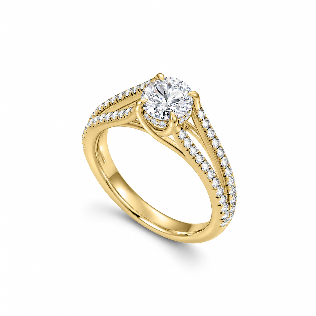 Duet Pavé Ring in yellow gold, upright three-quarter view.