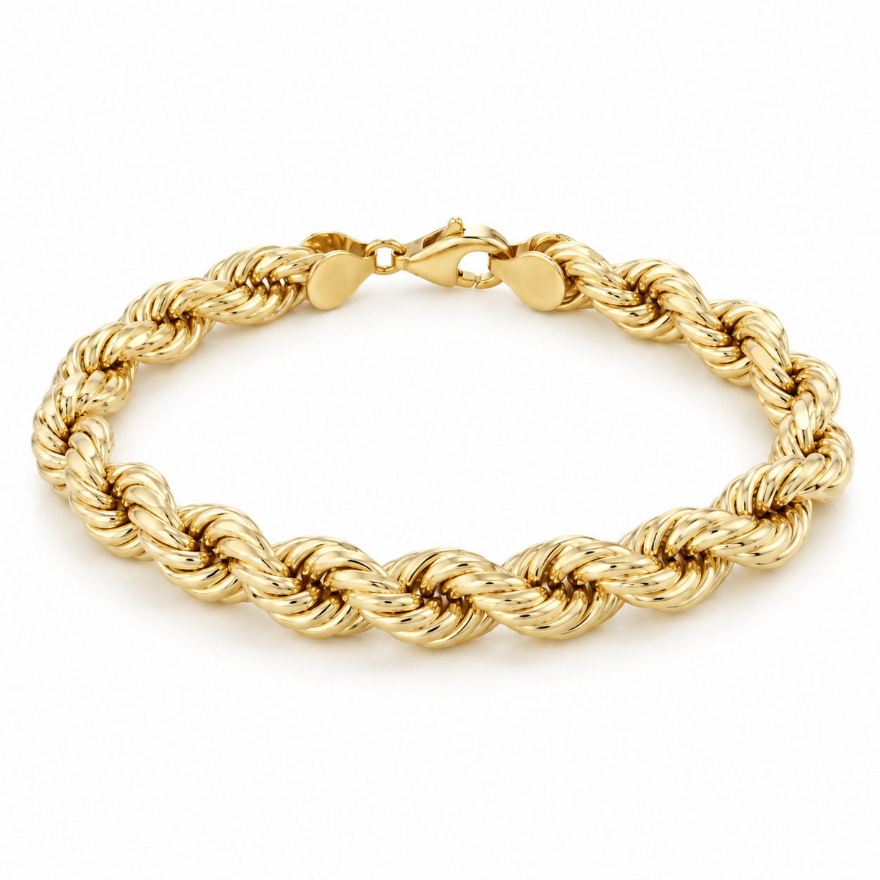 Rope Link Bracelet yellow gold rope chain bracelet, higher angle showing the clasp