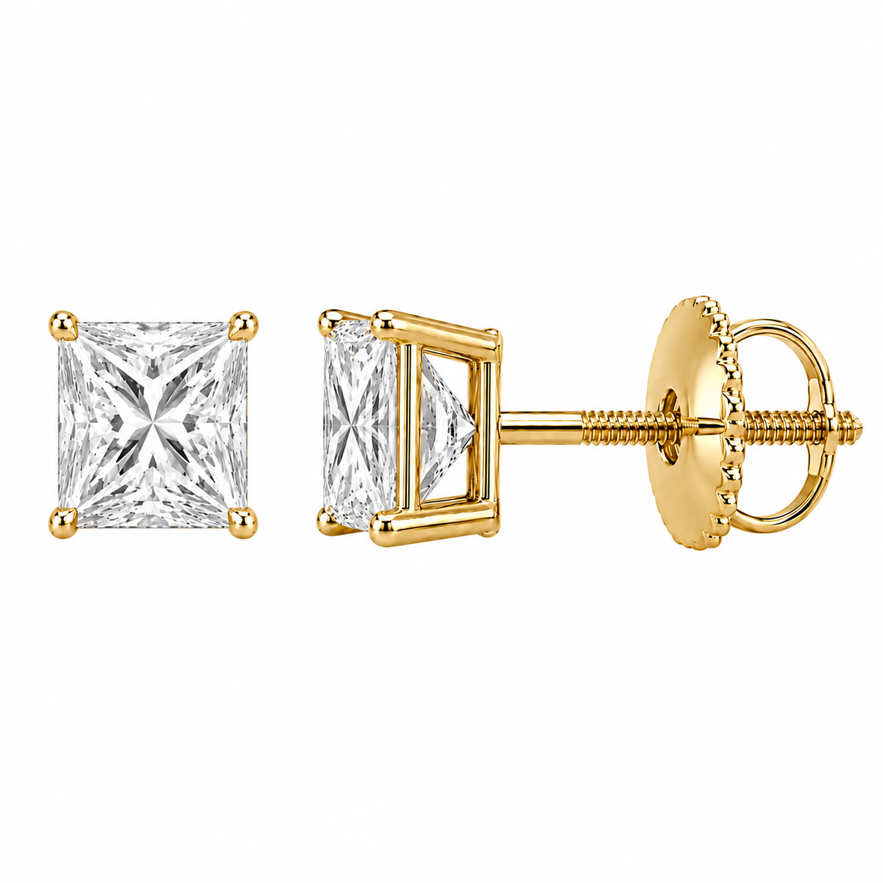 Carré Princess Studs in yellow gold, default front and side views with the closure