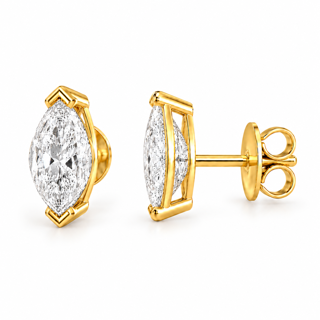 Vela Marquise Studs in yellow gold, alternate angle showing the stone face, setting, post and closure