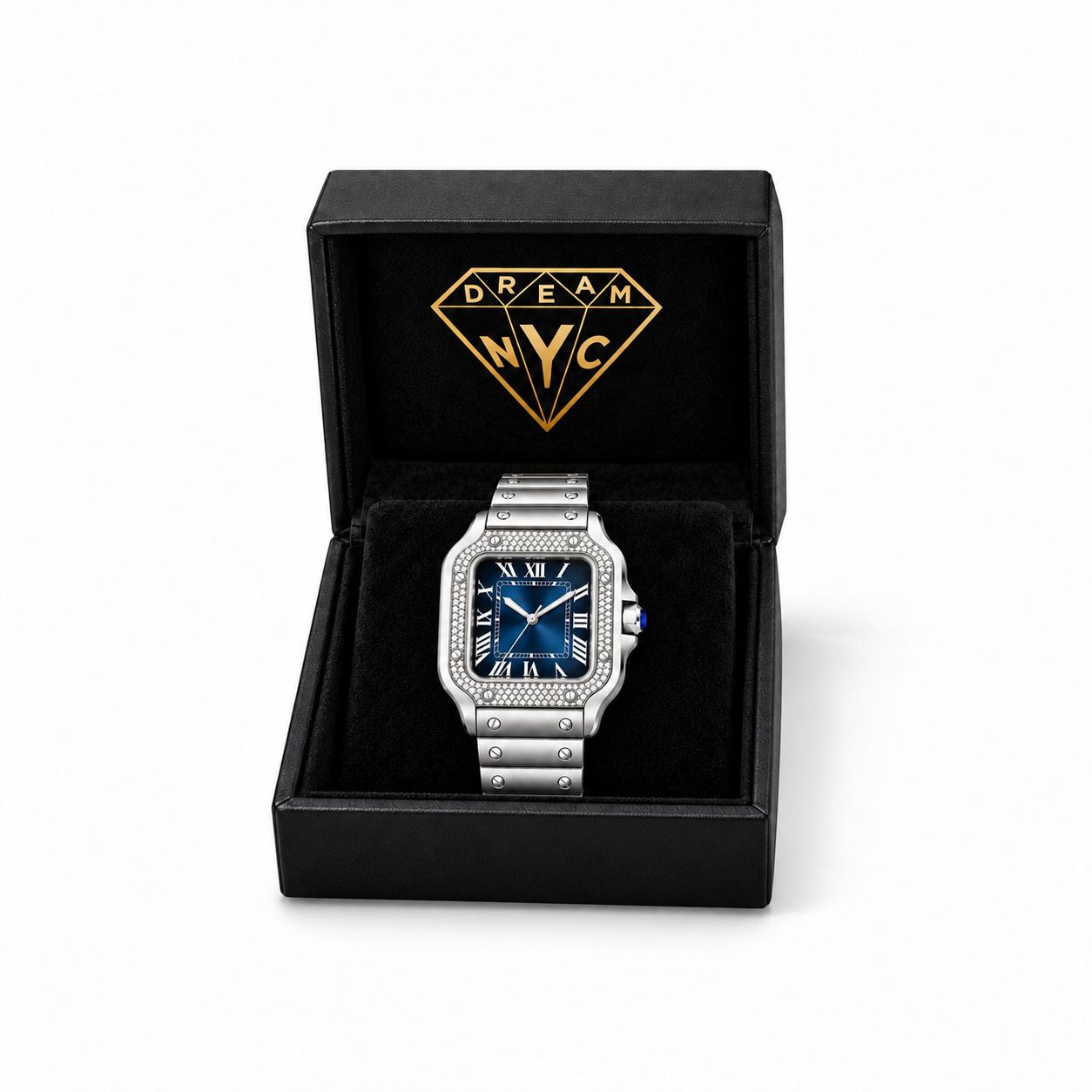 Santos de Cartier pavé Azul watch in a black DREAM NYC gift box