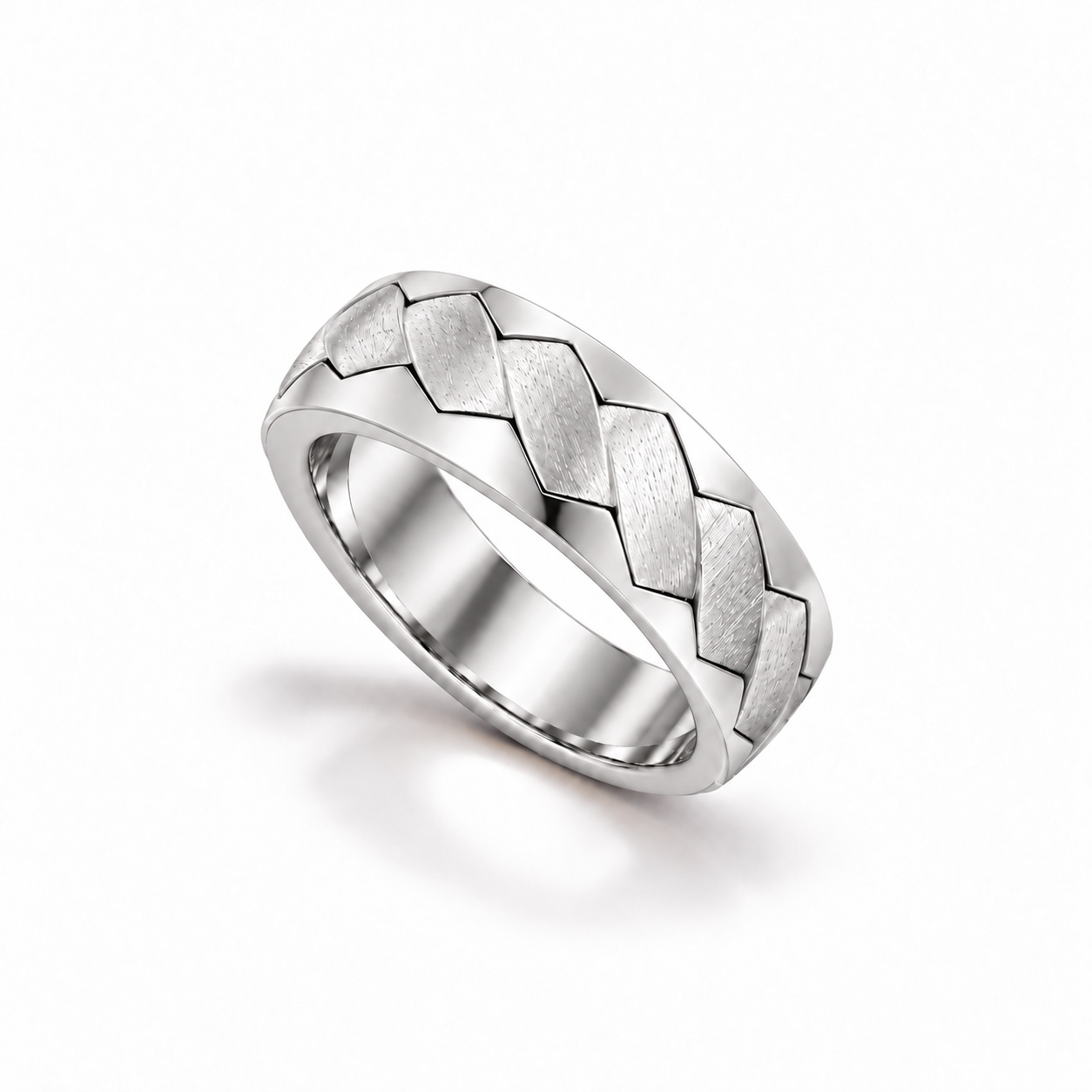 Interlace Band in white gold, upright three-quarter view.