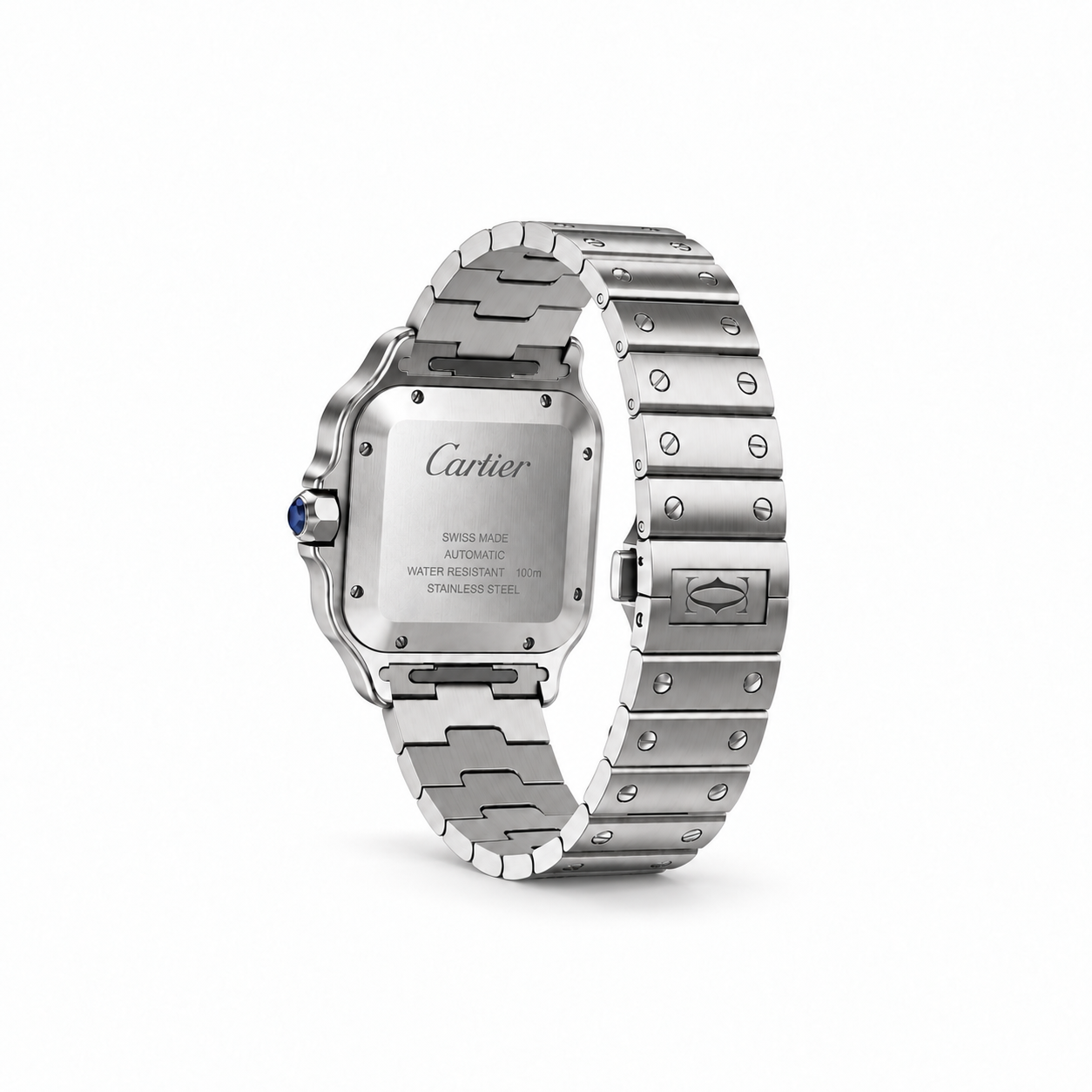 Case back of the Santos de Cartier pavé Azul watch with steel bracelet