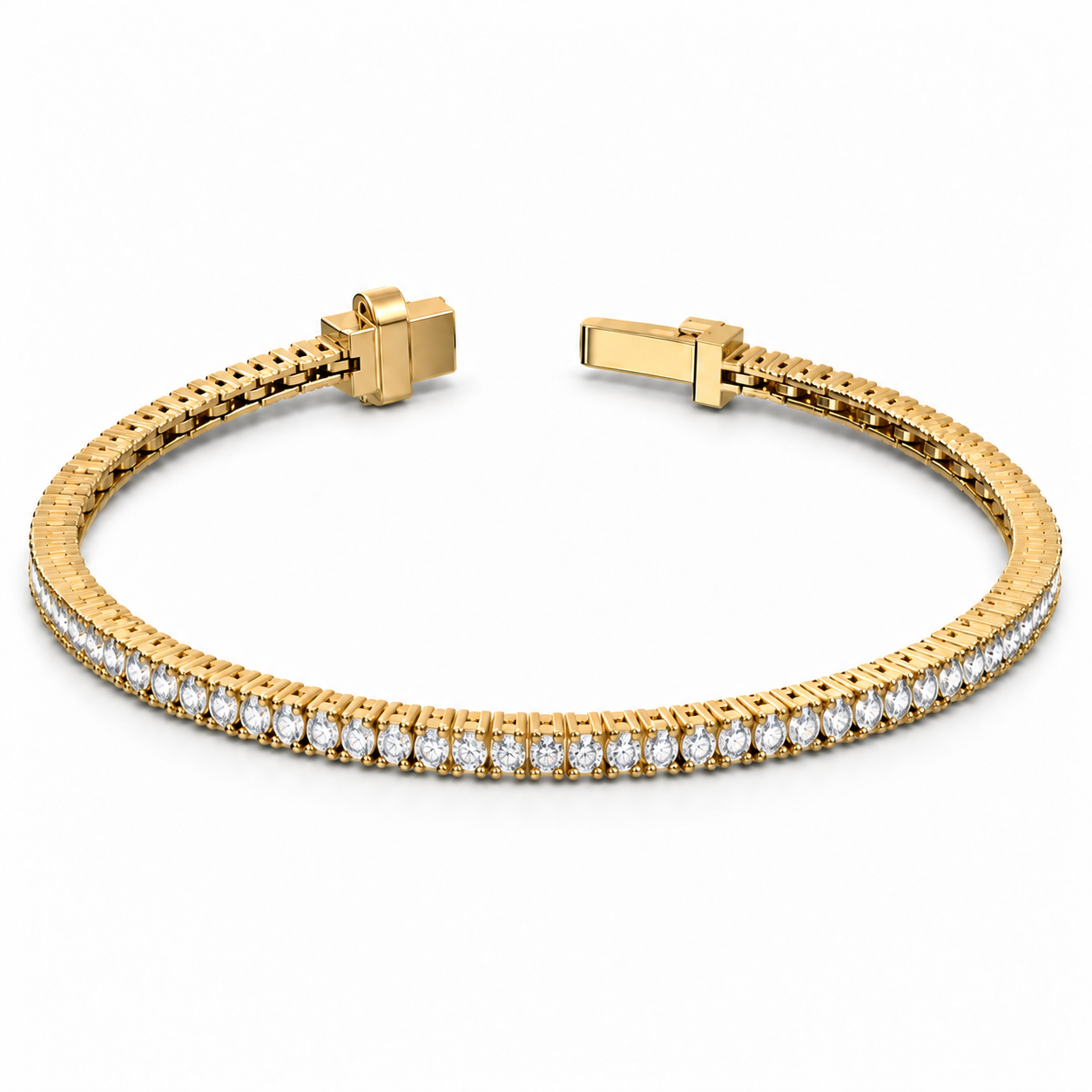 Linea Tennis Bracelet in yellow gold, viewed from a higher angle.