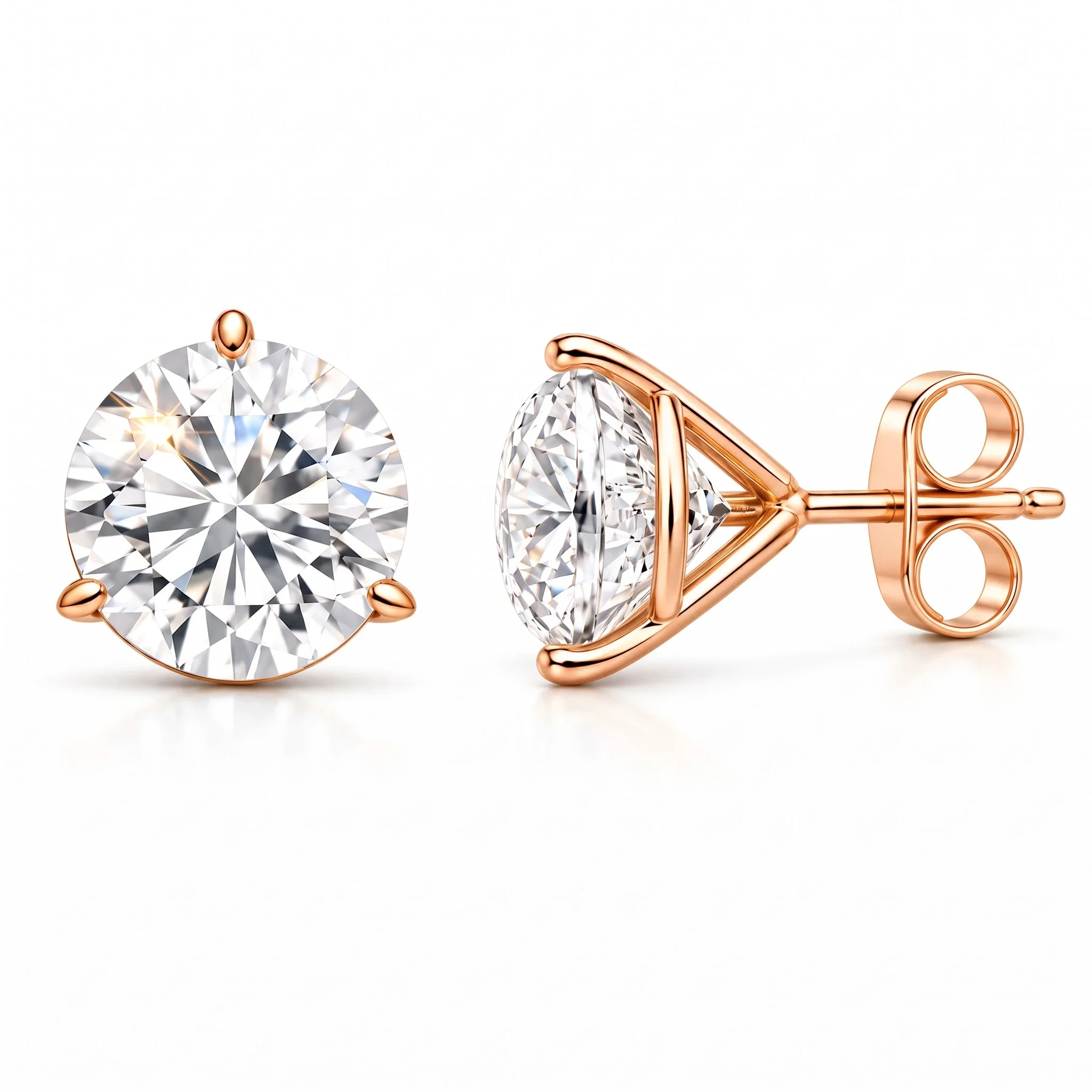 Martini Stud Earrings in rose gold, front and side profile with butterfly back