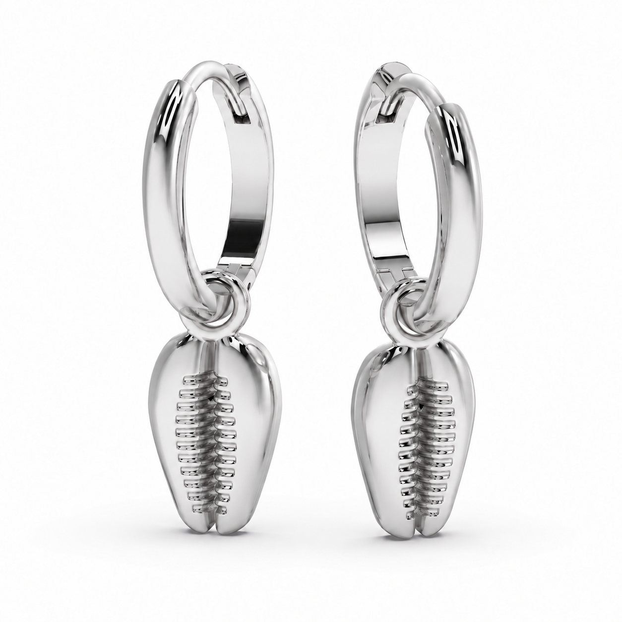 Tide Cowrie Hoops in white gold, default front and side views