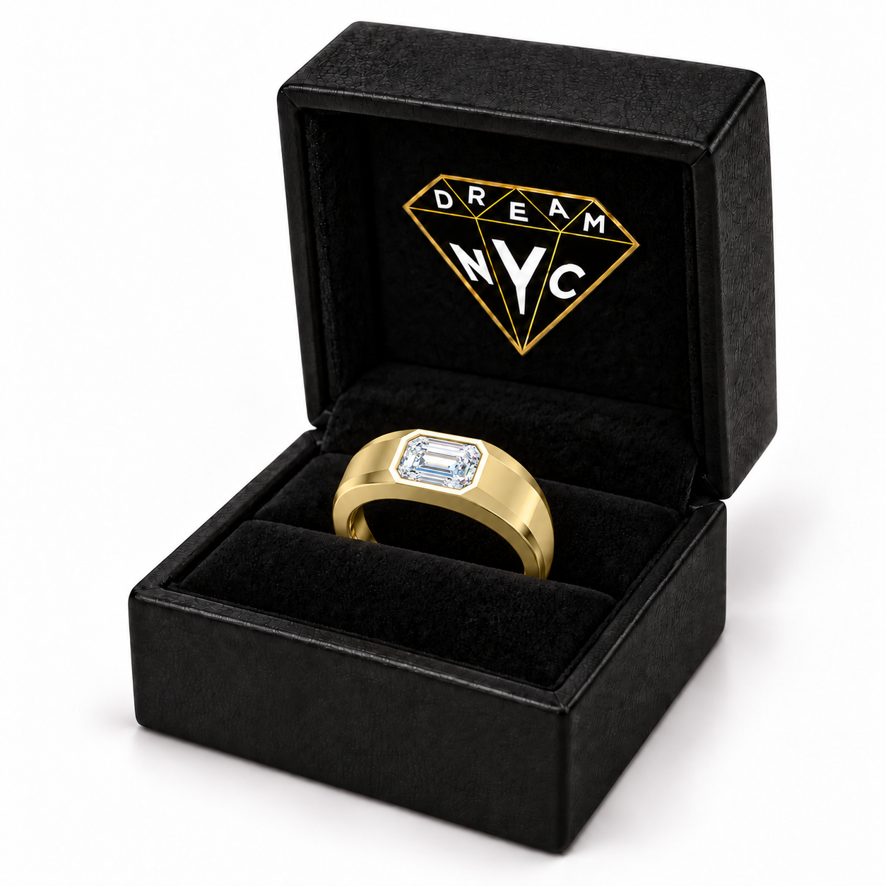 Axis Bezel Ring seated in a black DREAM NYC ring box, packaging concept