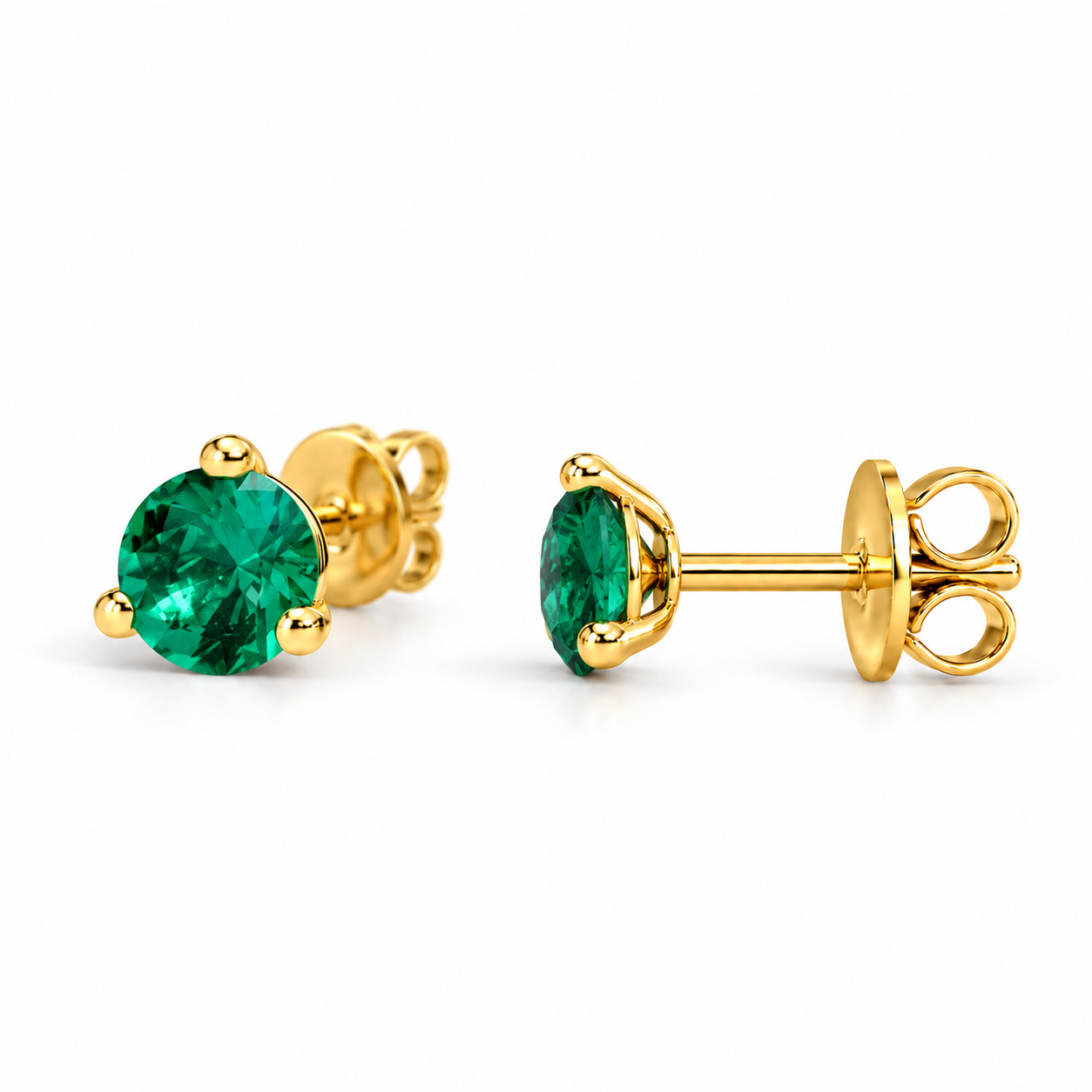 Approved alternate view of Verdant Round studs showing round green stones, three rounded prongs and push-on butterfly backs.