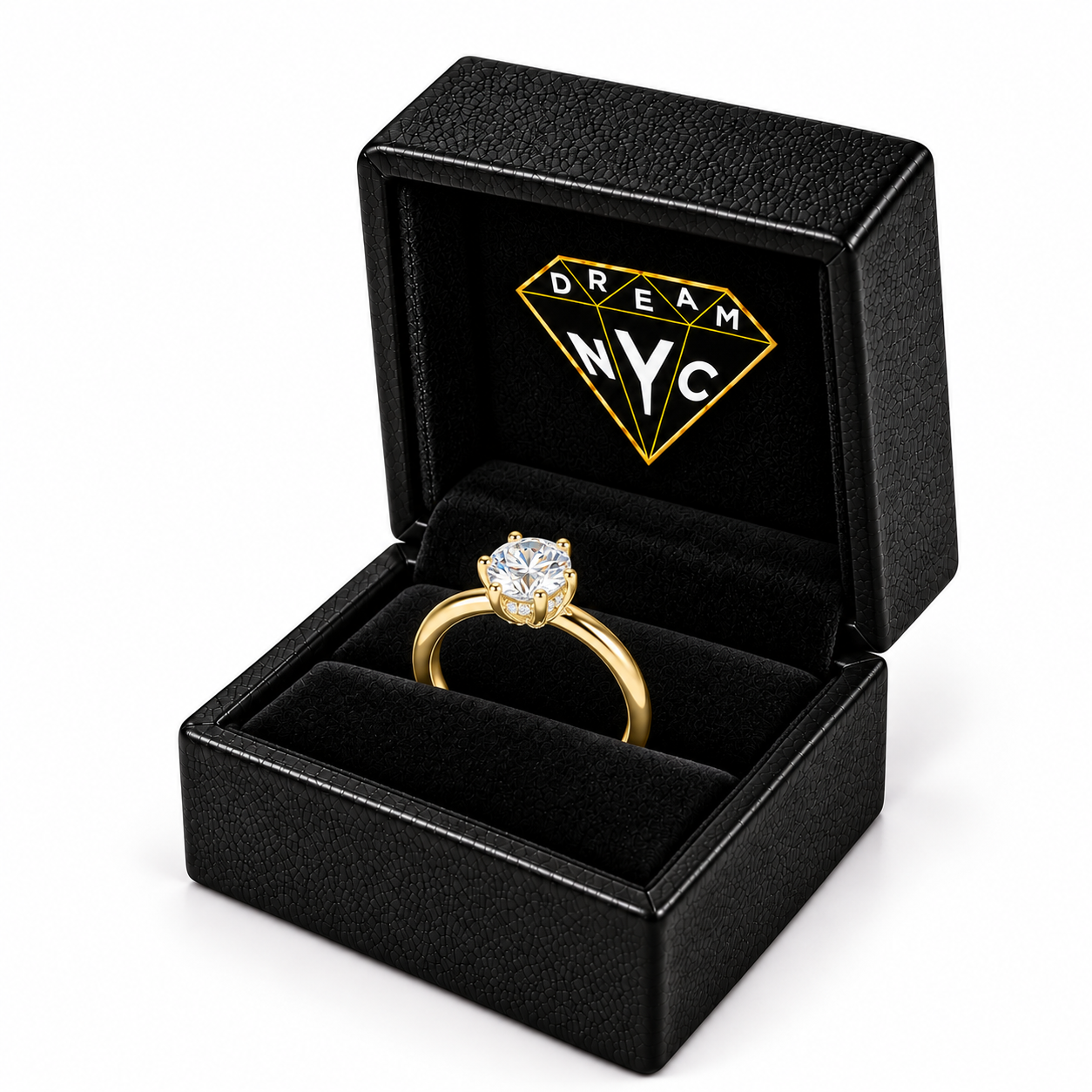Seren Solitaire Ring in a black DREAM NYC ring box, packaging concept