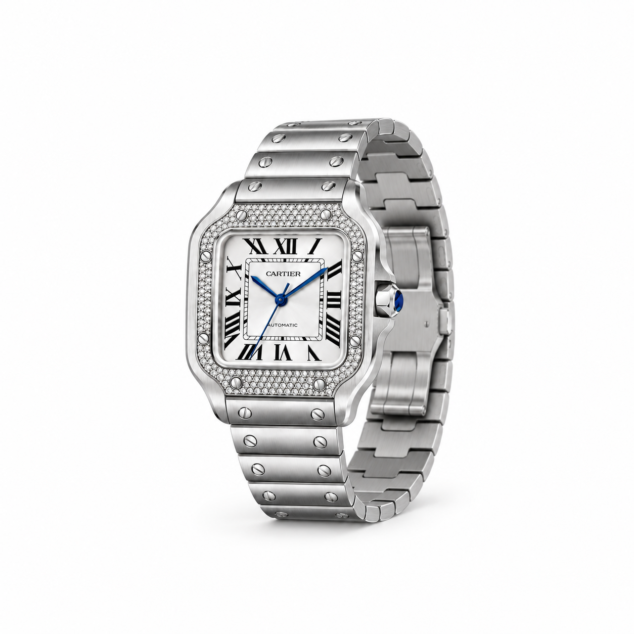 Santos de Cartier Pavé Bezel Watch — Stainless Steel Bracelet