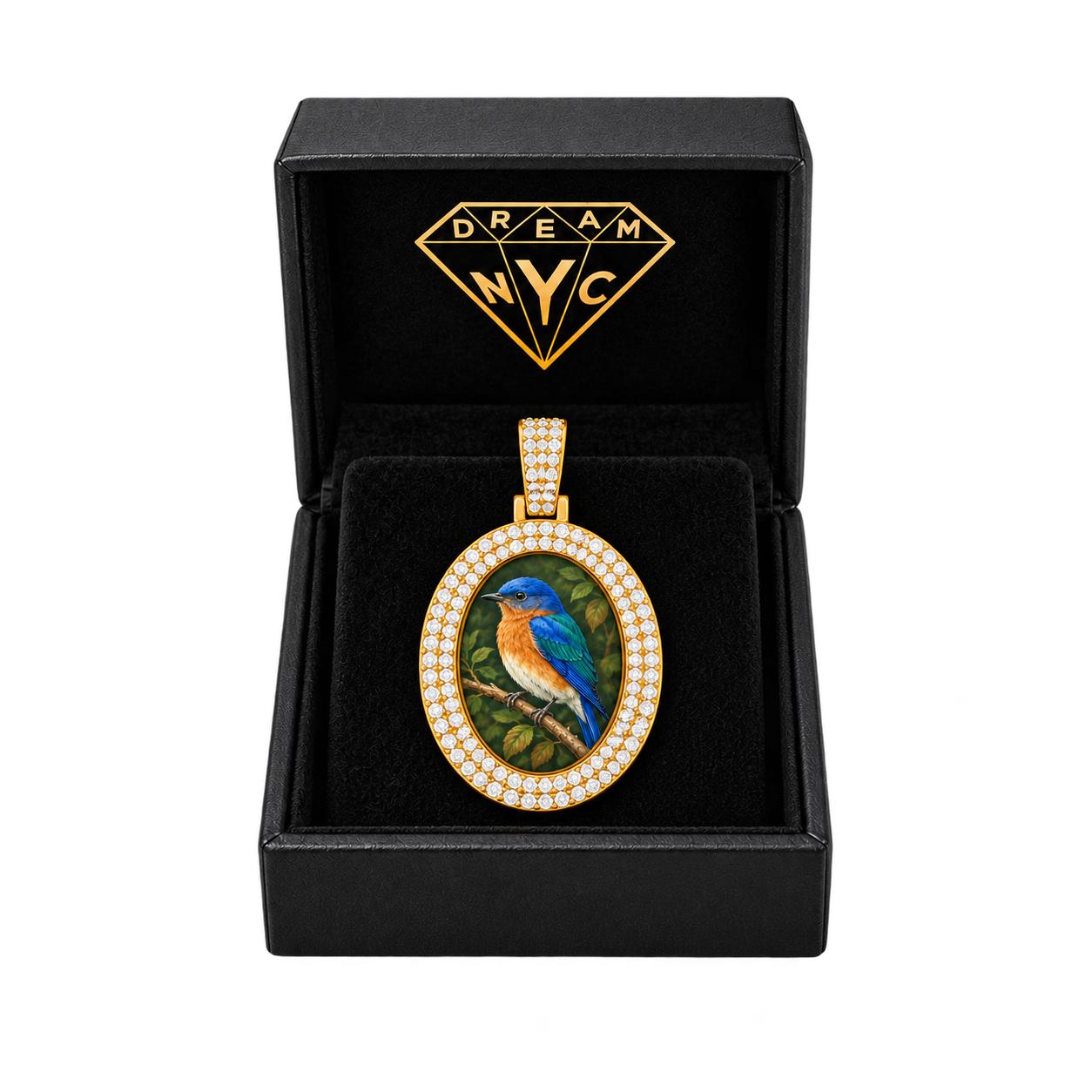 Painted Oval Double Row Pavé Picture Pendant in a black DREAM NYC gift box