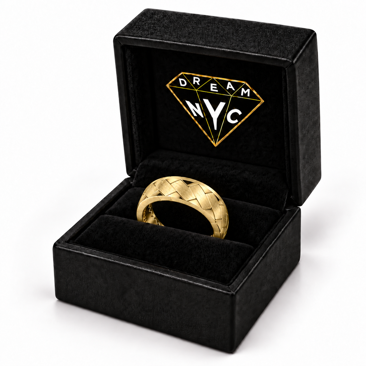 Yellow gold Interlace Band seated in a black DREAM NYC ring box, packaging concept.
