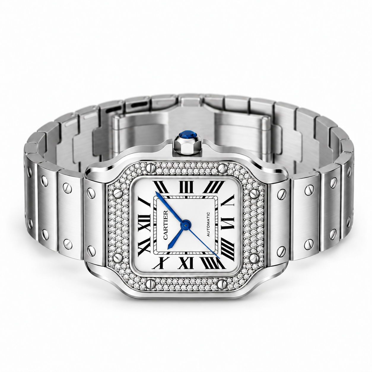 Santos de Cartier pavé bezel watch with steel bracelet, resting on its side