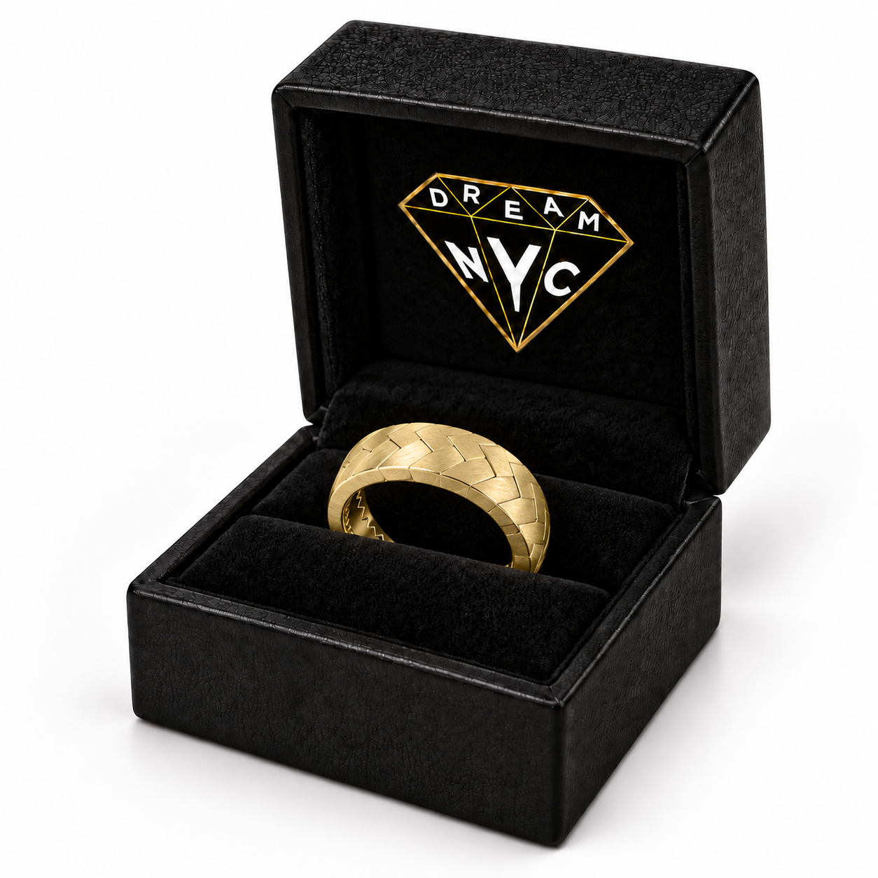 Yellow gold Facet Weave Band seated in a black DREAM NYC ring box, packaging concept.