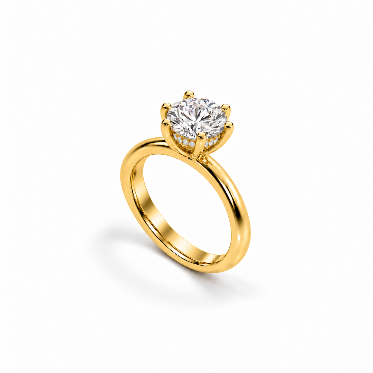 Seren Solitaire Ring in yellow gold, standard upright view showing six prongs and a polished single band