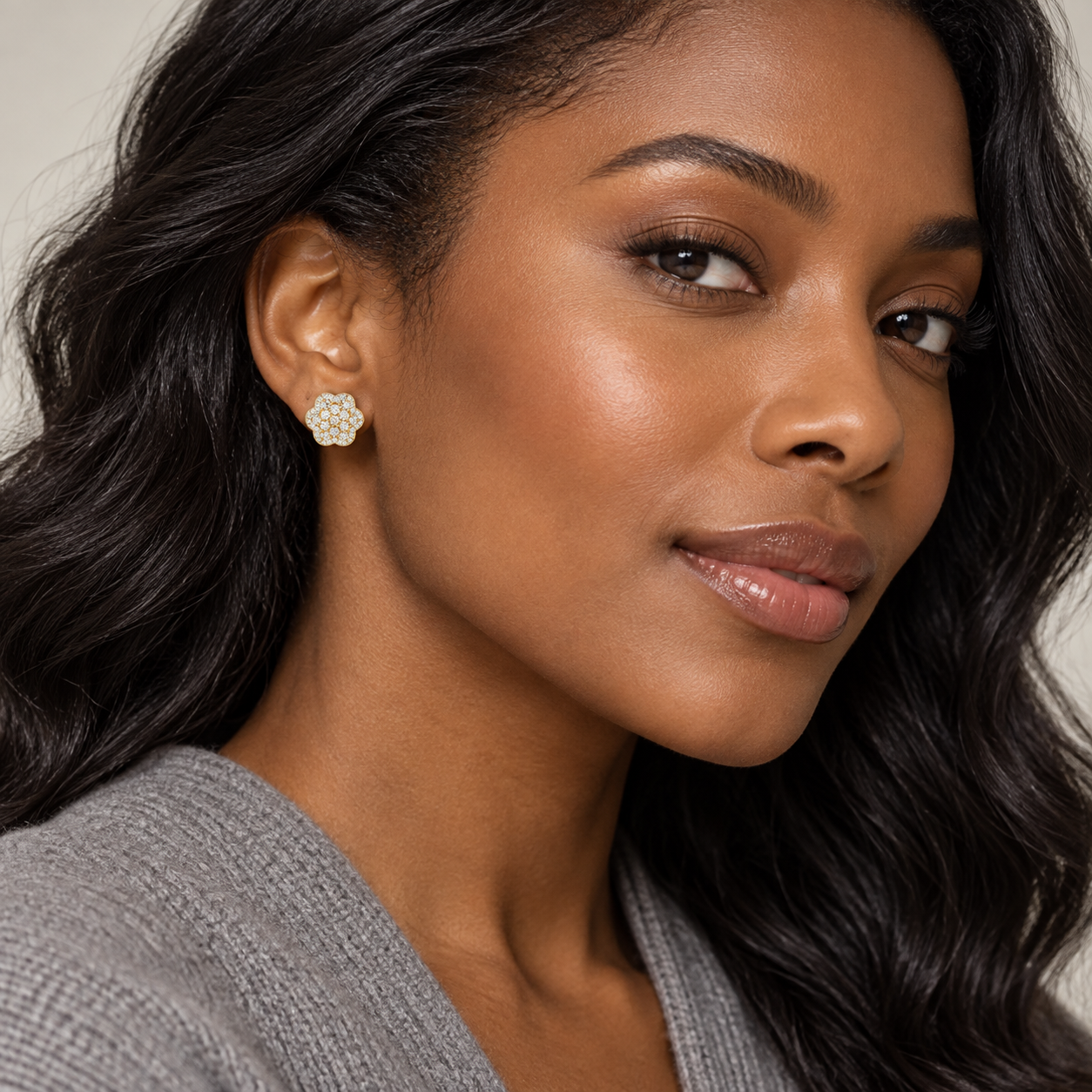 Model wearing One Row Flower Cluster Earrings