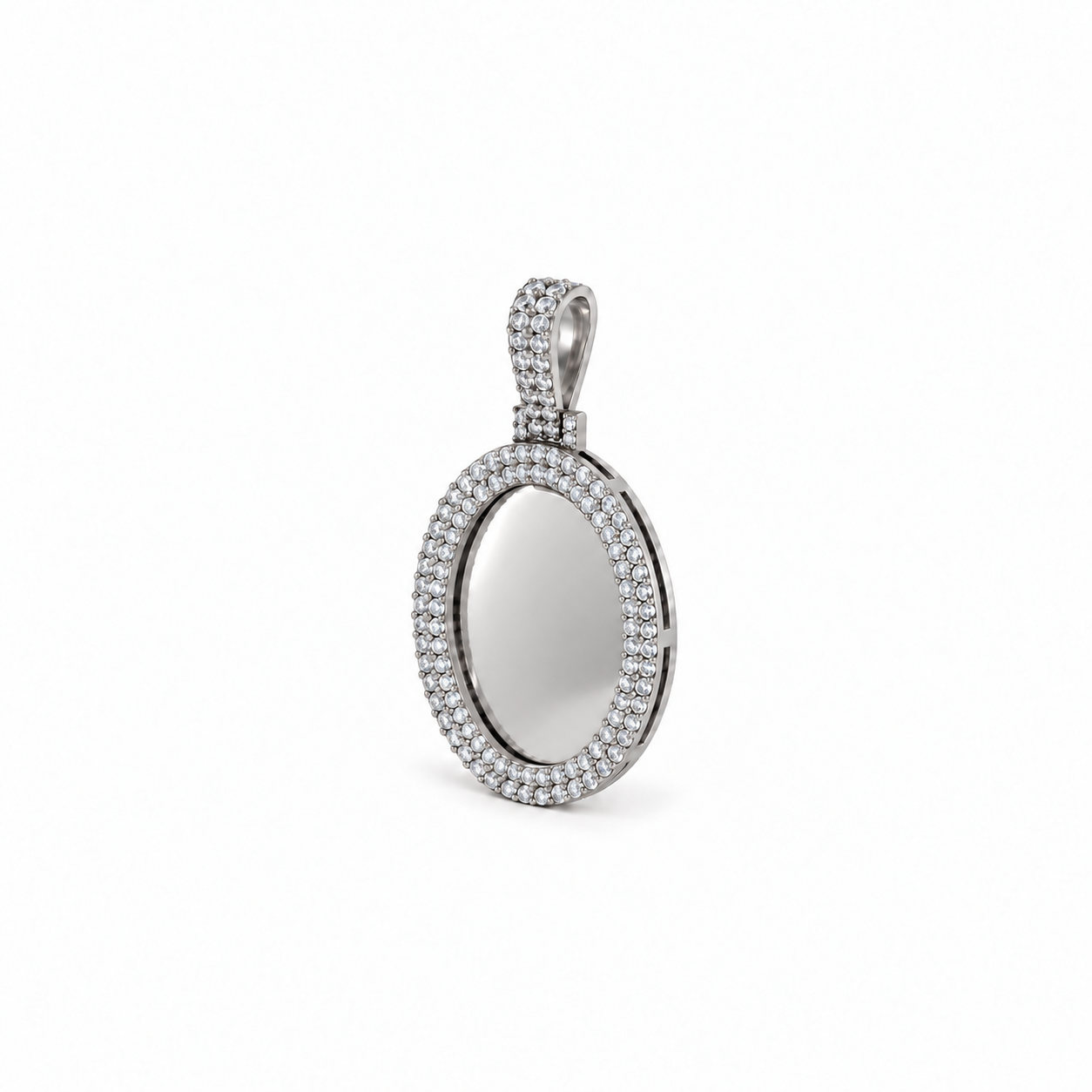 Oval Double Row Pavé Picture Pendant in white gold, blank center
