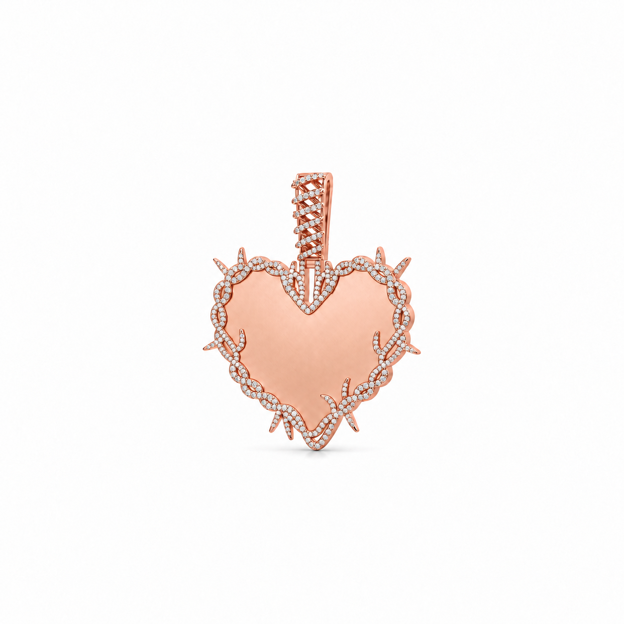 Rebel Heart Pendant in rose gold, shown upright at a gentle angle with a stone-set thorn border and wrapped bail.