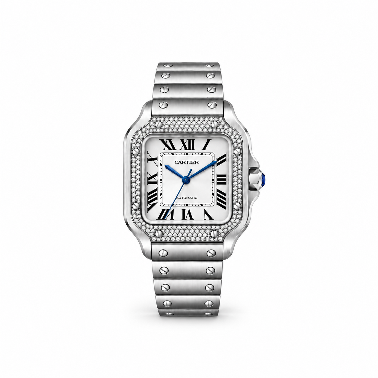 Santos de Cartier pavé bezel watch with steel bracelet, front view