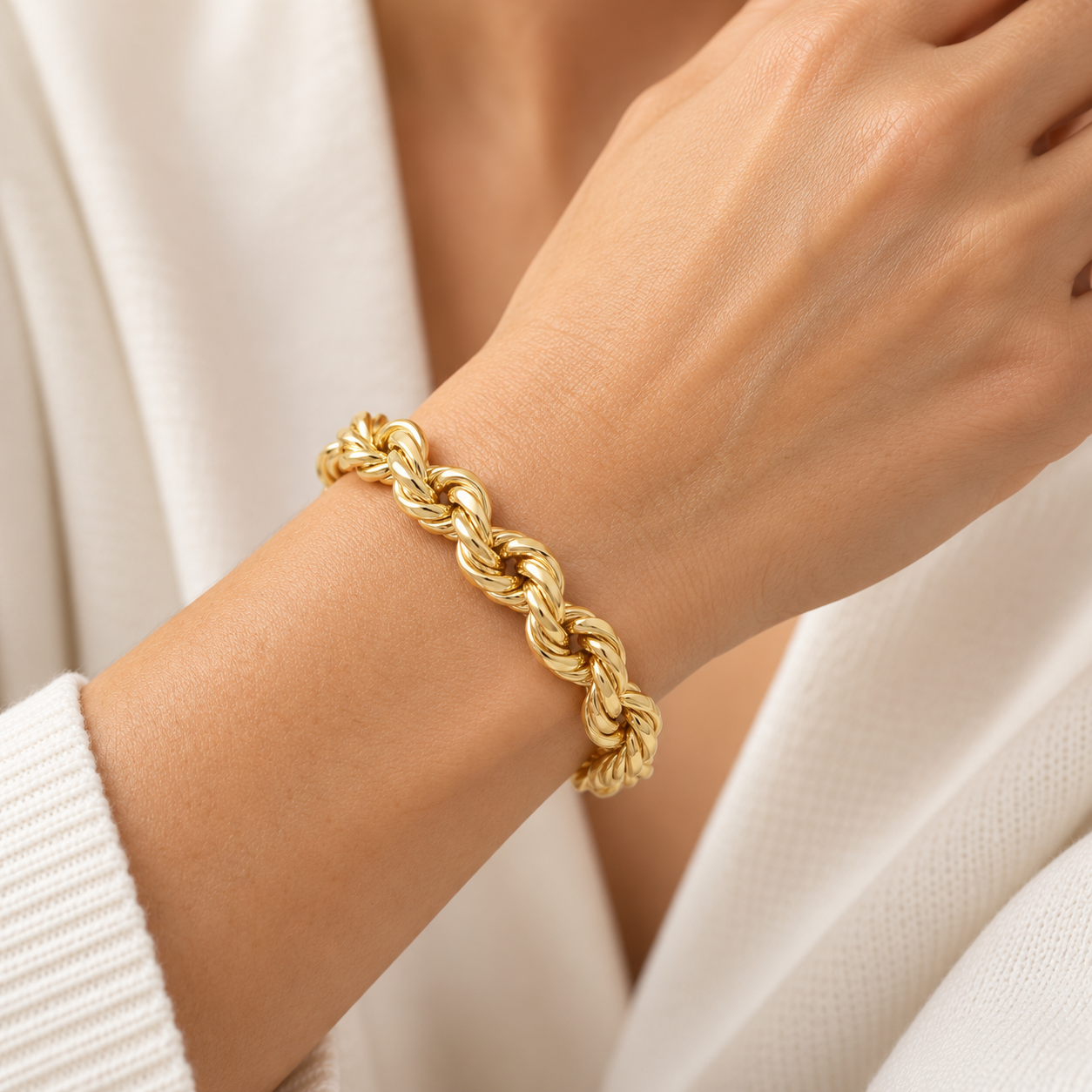 Rope Link Bracelet yellow gold rope bracelet worn on the wrist