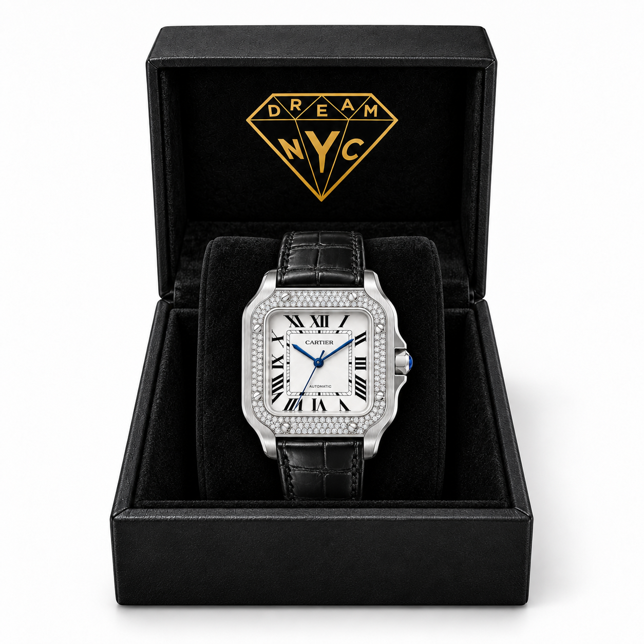 Santos de Cartier pavé bezel watch in a black DREAM NYC gift box
