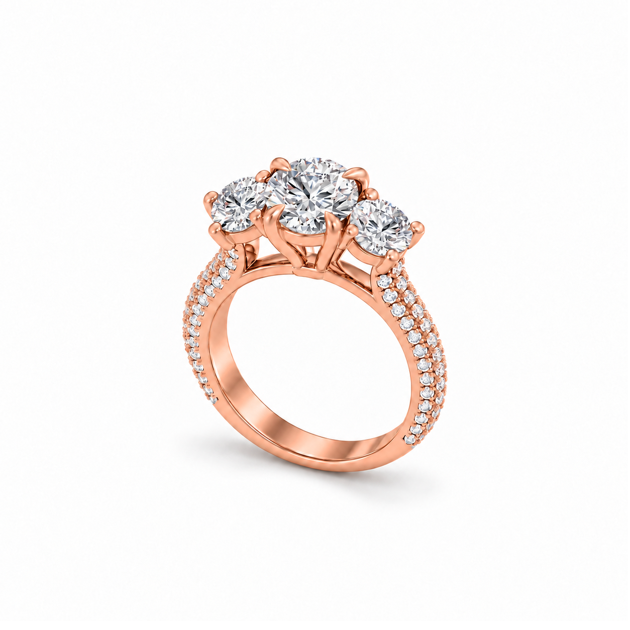 Trilogy Pavé Ring in rose gold, upright three-quarter view