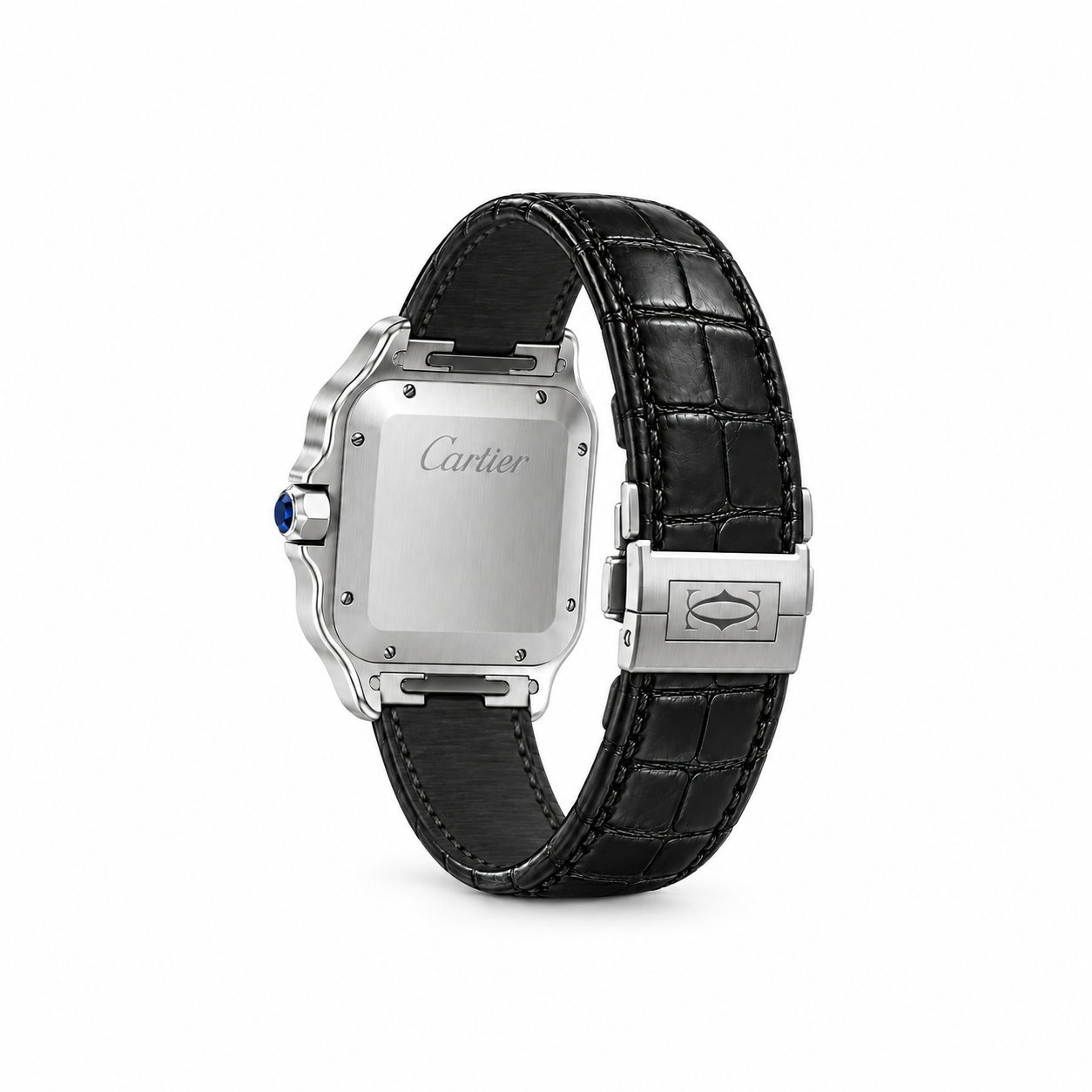 Case back of the Santos de Cartier pavé bezel watch on a black crocodile strap
