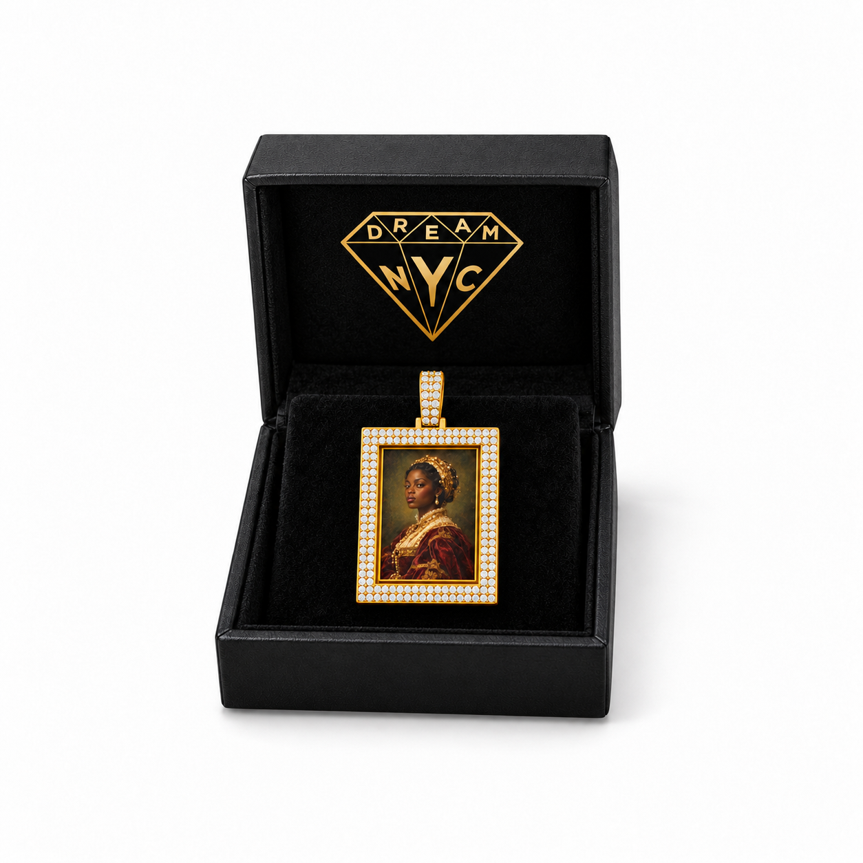 Painted Rectangle Double Row Pavé Picture Pendant in a black DREAM NYC gift box