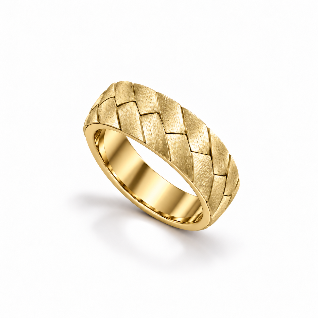 Facet Weave Band in yellow gold, upright three-quarter view showing brushed chevron texture.