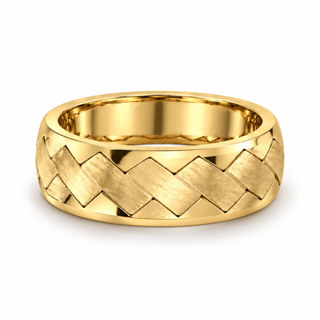 Interlace Band in yellow gold, approved flat view with polished interior.
