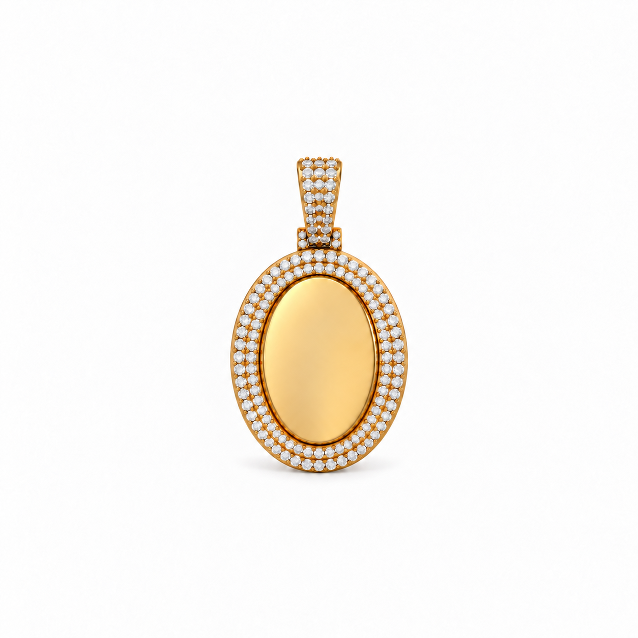 Oval Double Row Pavé Picture Pendant in yellow gold, blank center, front view
