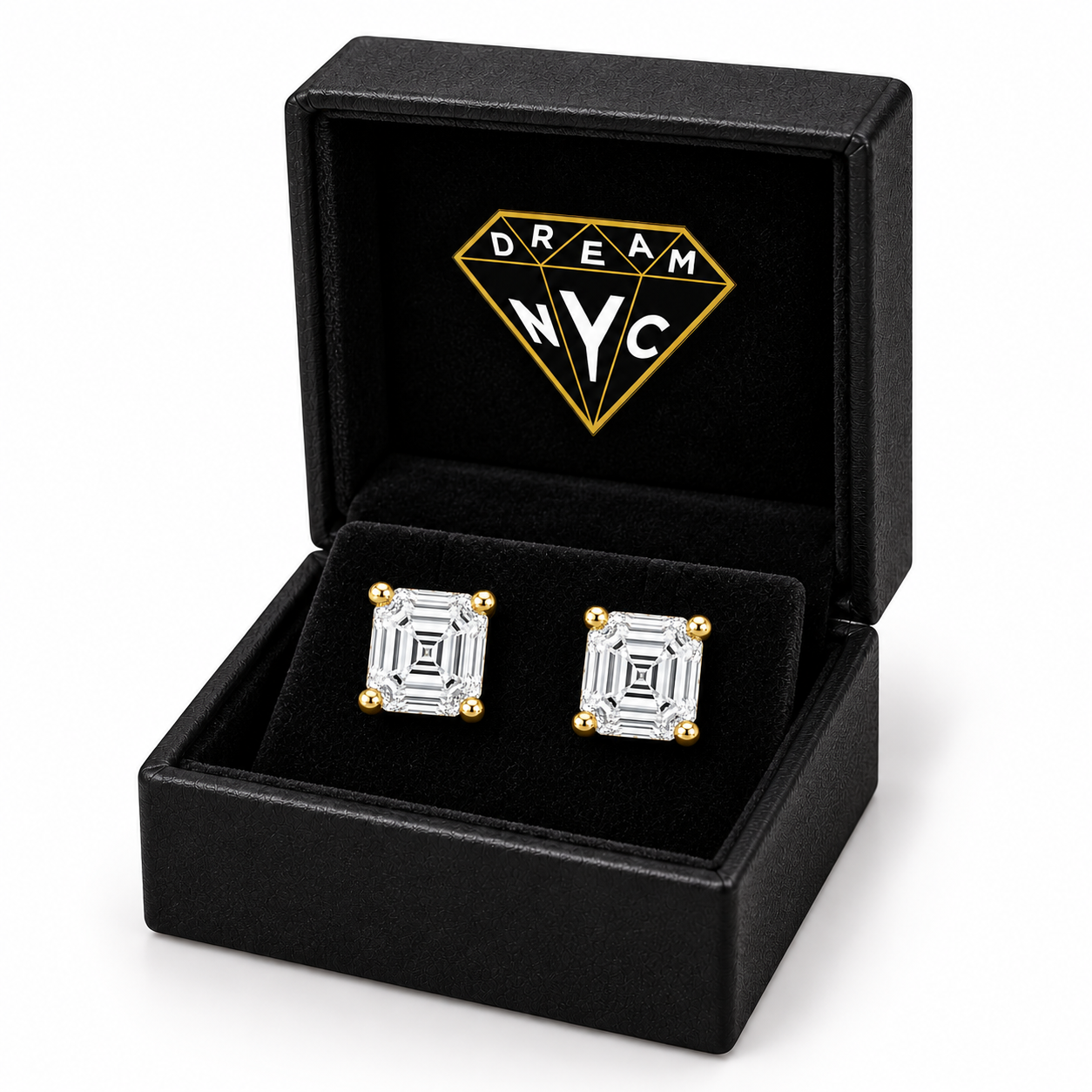 Octave Step-Cut Studs in a black DREAM NYC jewelry box with the diamond logo, packaging concept