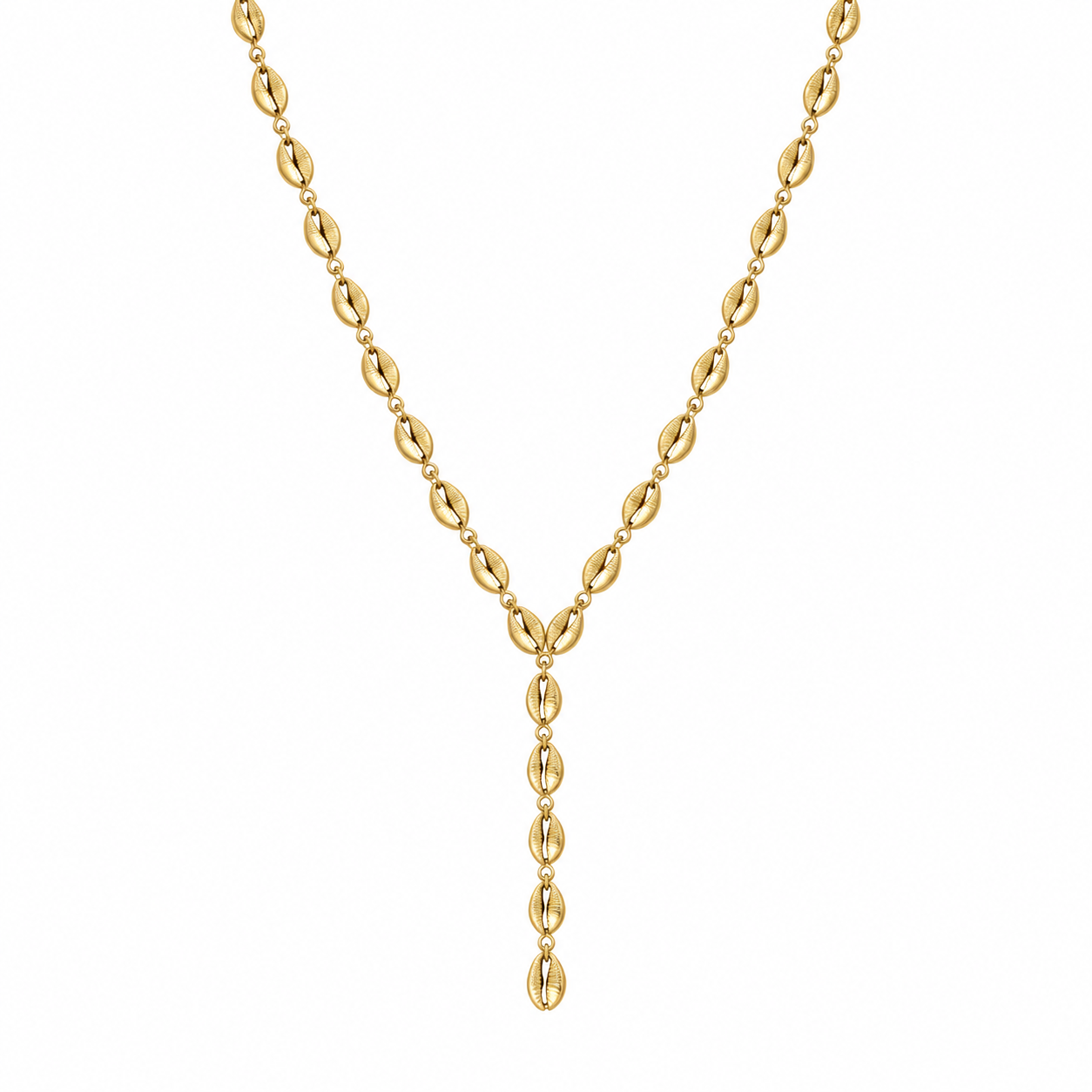 Tidal Cowrie Y Necklace hanging against white, with its Y junction and five-link drop