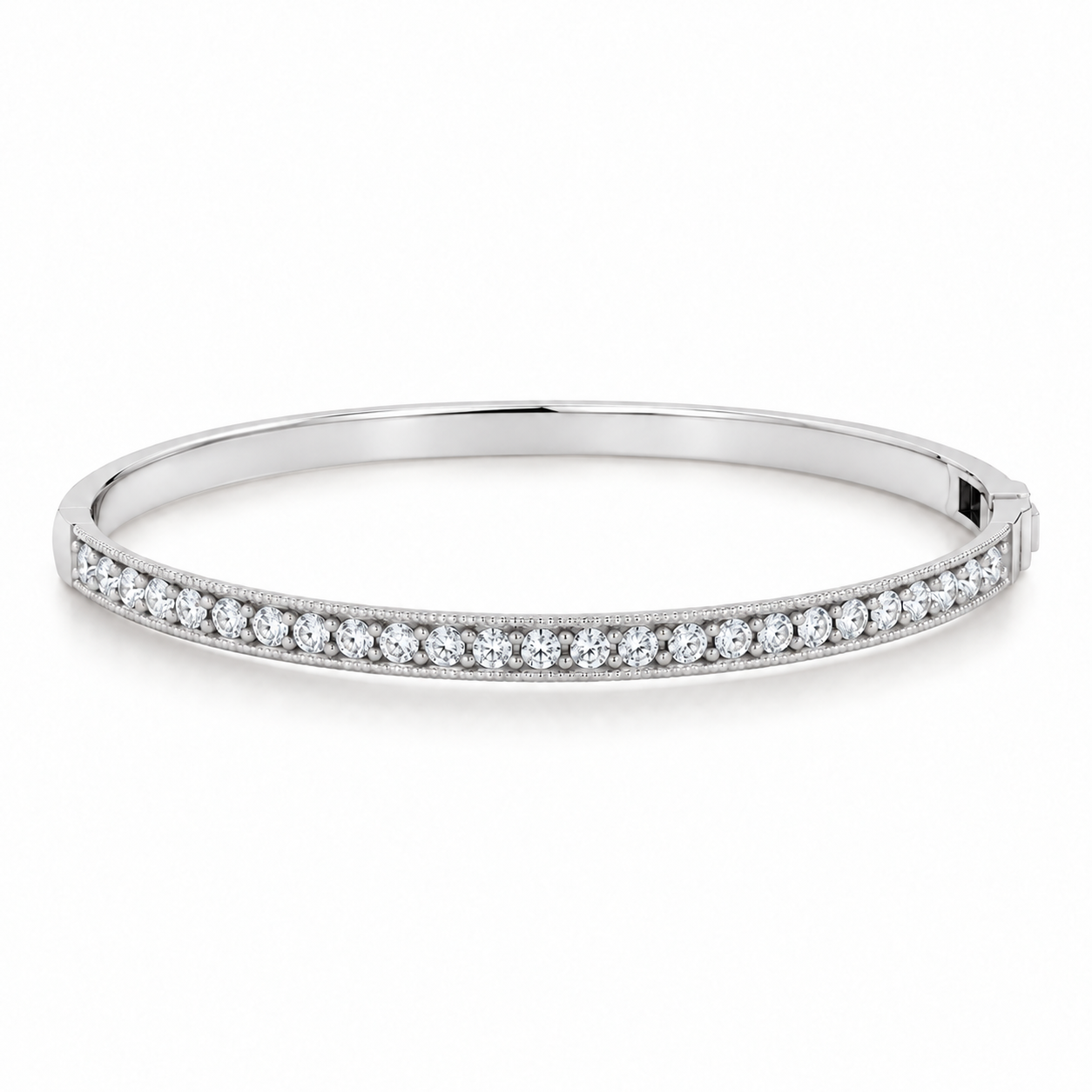 Milgrain Diamond Bangle in white gold, side view.