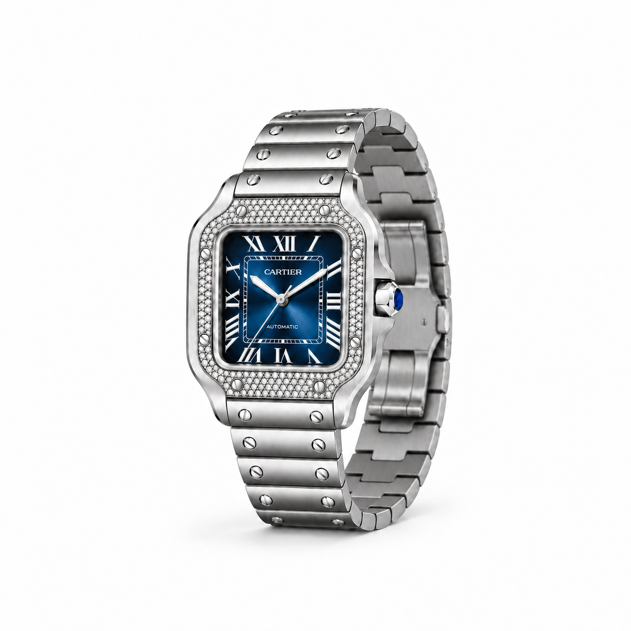 Santos de Cartier Pavé Azul Bezel Watch — Stainless Steel Bracelet
