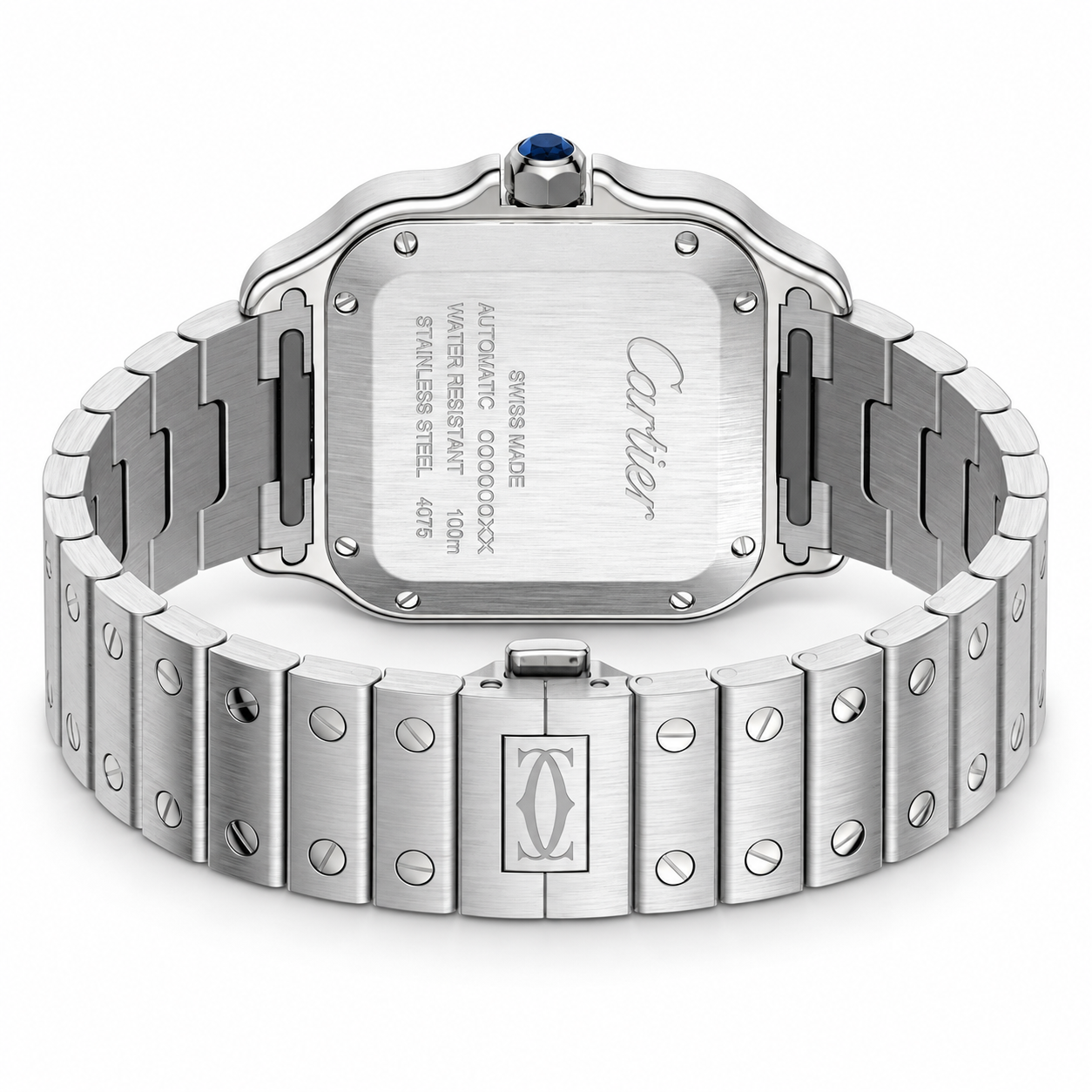 Santos de Cartier pavé Azul watch on its side, case back showing