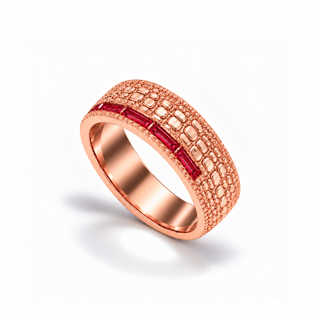 Gator Gold Band in rose gold with red baguette stones, upright three-quarter view