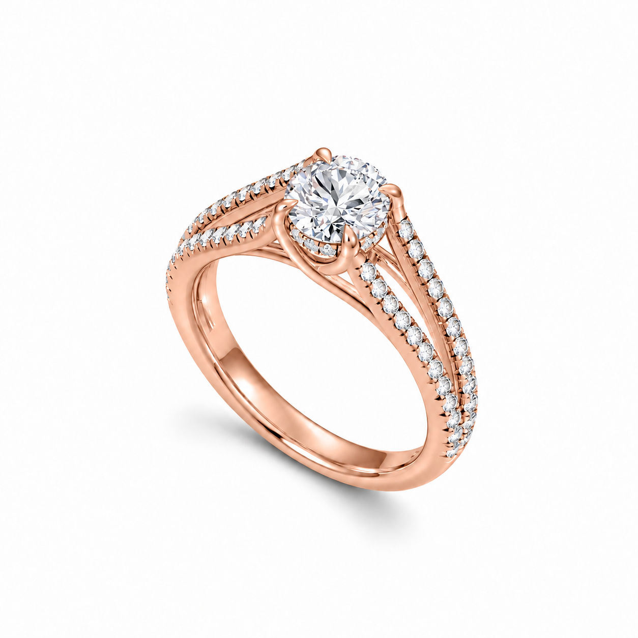 Duet Pavé Ring in rose gold, upright three-quarter view.