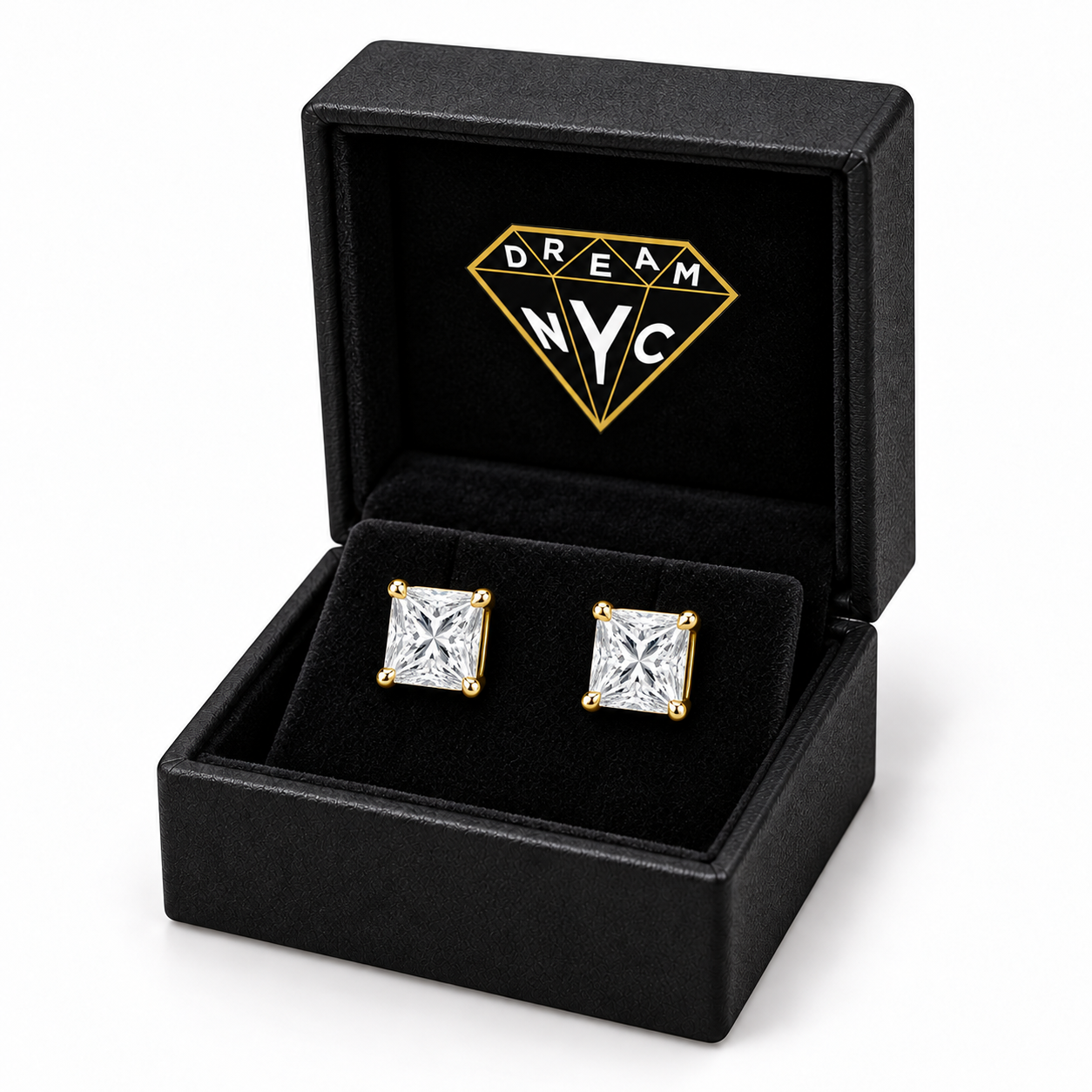 Carré Princess Studs in a black DREAM NYC jewelry box with the diamond logo, packaging concept