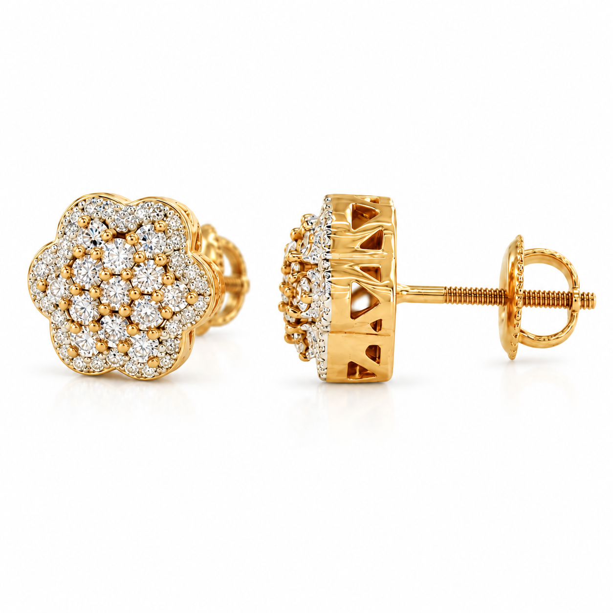 One Row Flower Cluster Earrings in yellow gold, angled front and side profile