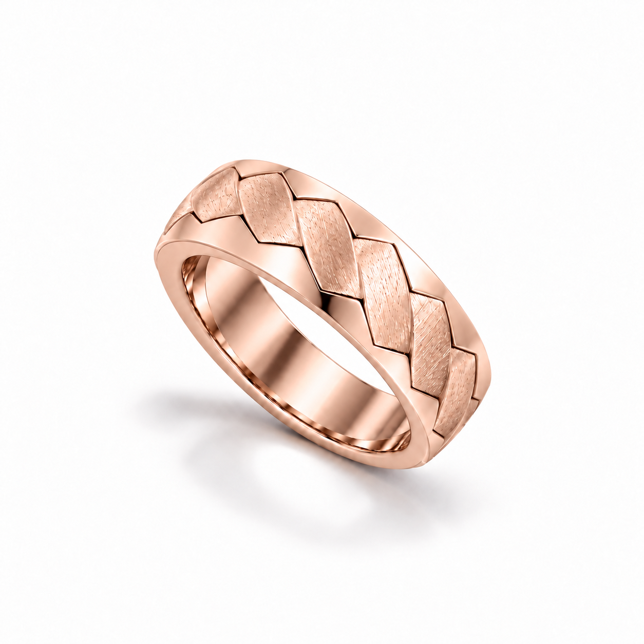 Interlace Band in rose gold, upright three-quarter view.