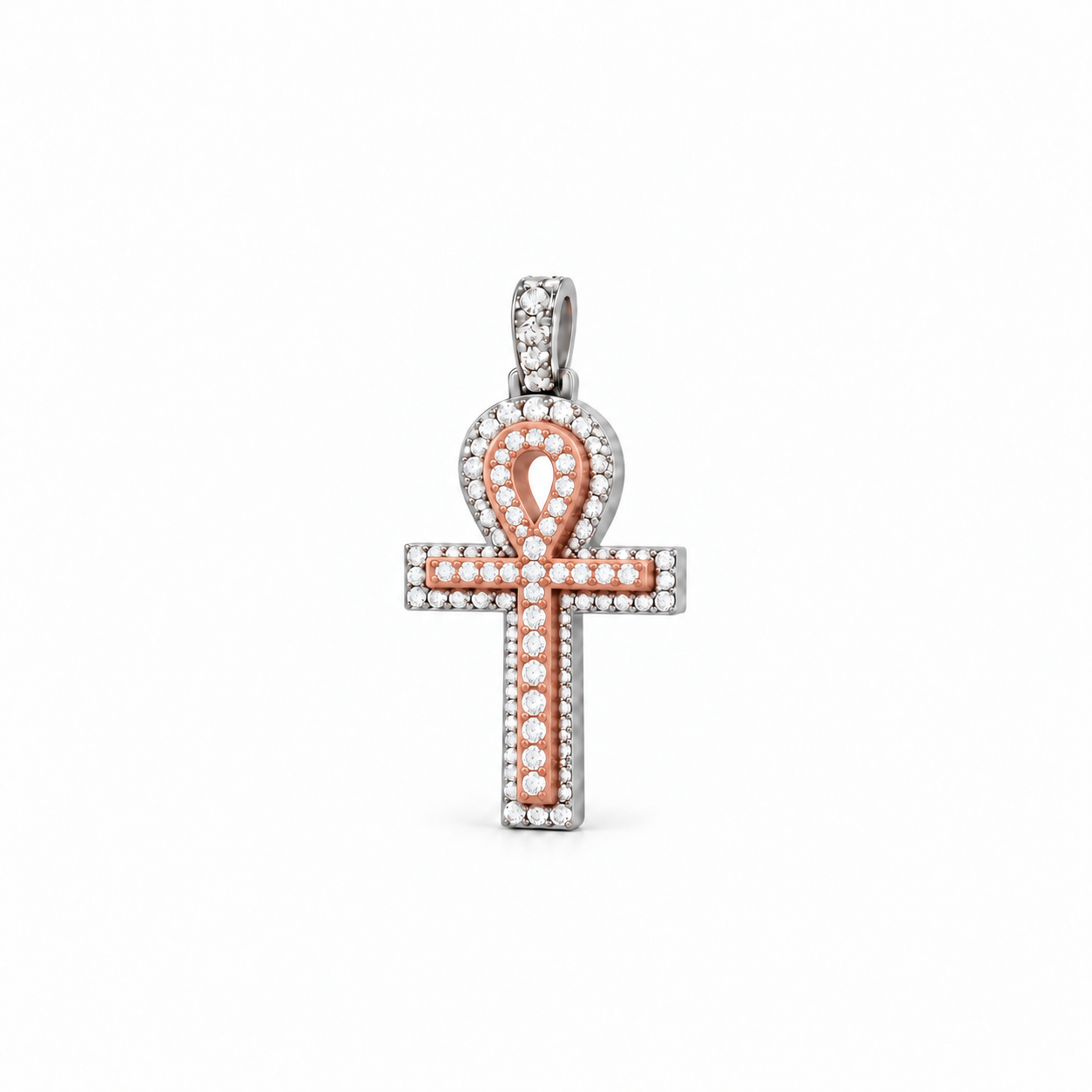 Ankh Double Layer Pendant in two-tone white and rose gold pavé