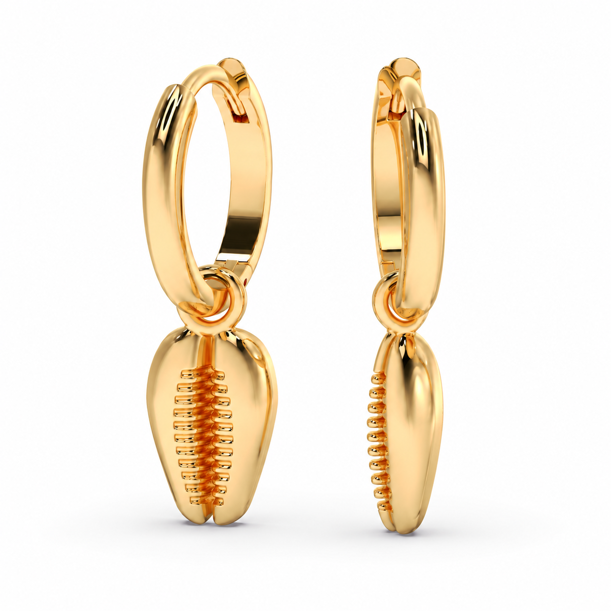 Tide Cowrie Hoops in yellow gold, alternate angle showing the hinged hoops and suspended cowrie charms