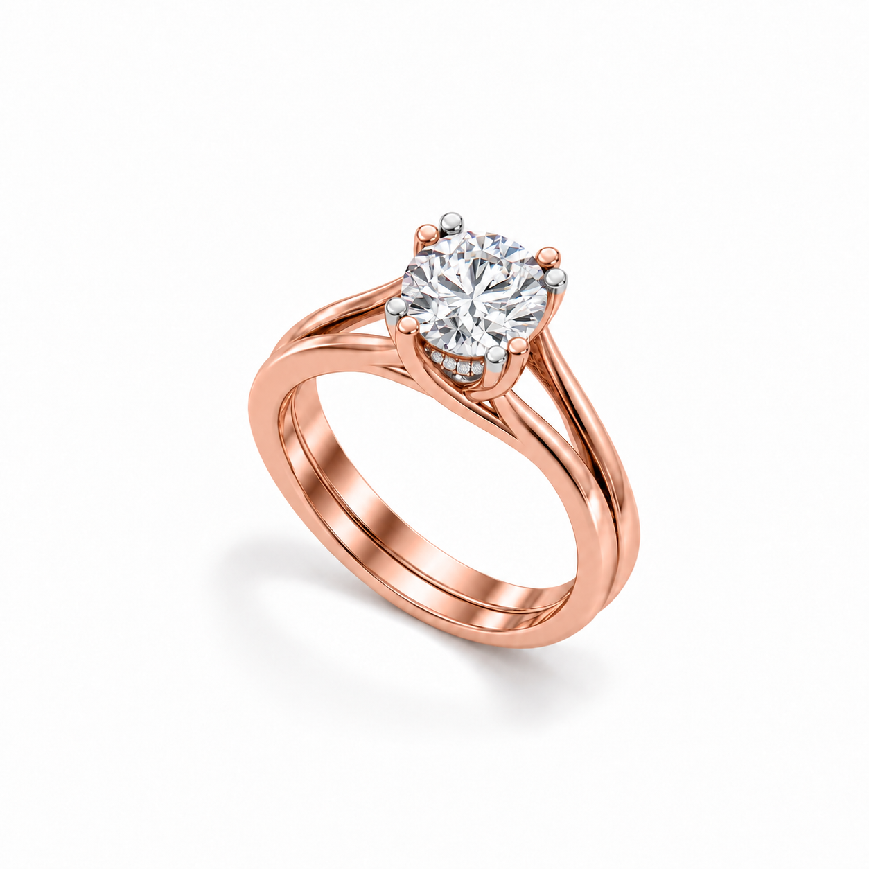 Confluence Solitaire Ring in rose gold, matching upright three-quarter view